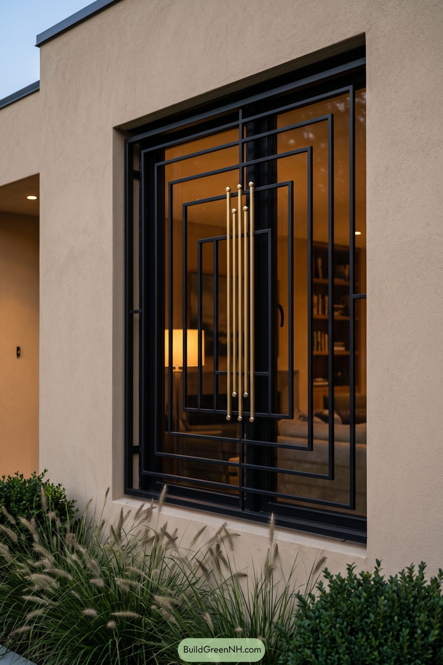 Black geometric window grill with polished gold center rods