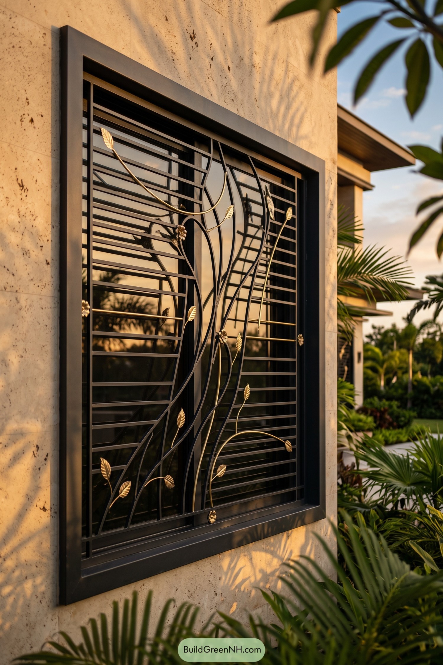 Black window grill with curling gold stems and leaves