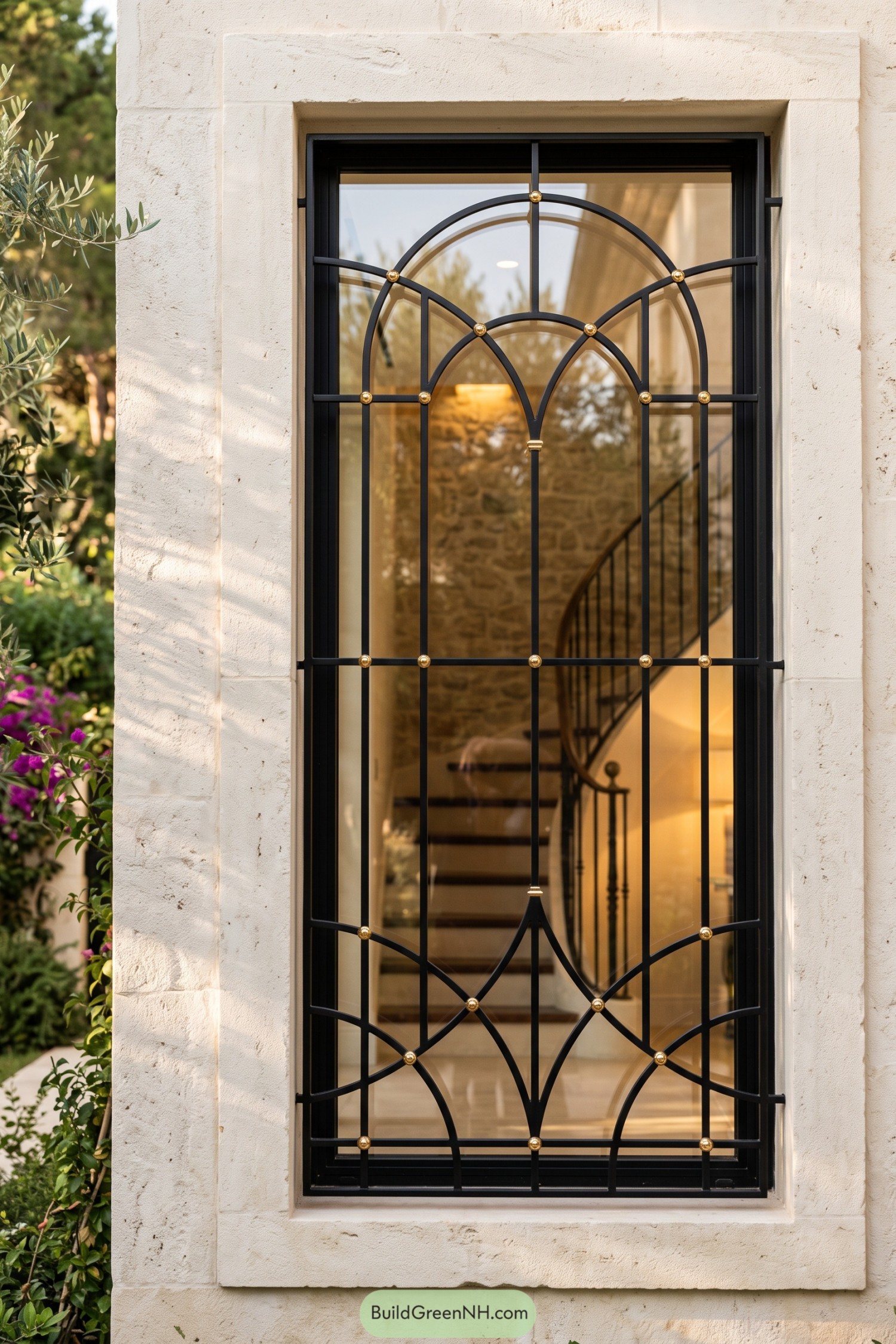 Black arched window grill with gold accents