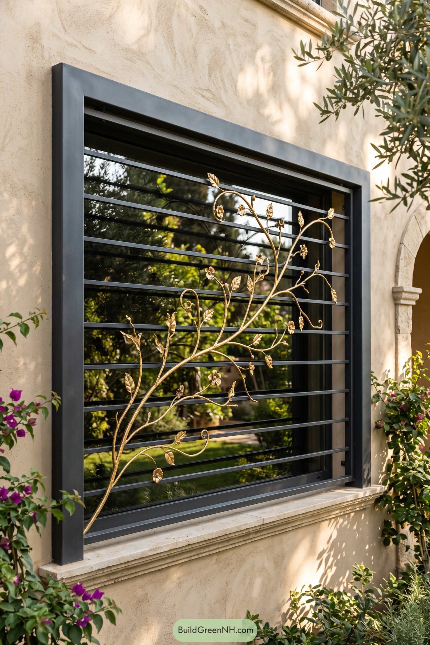 Black horizontal bars meet a gold floral climbing motif