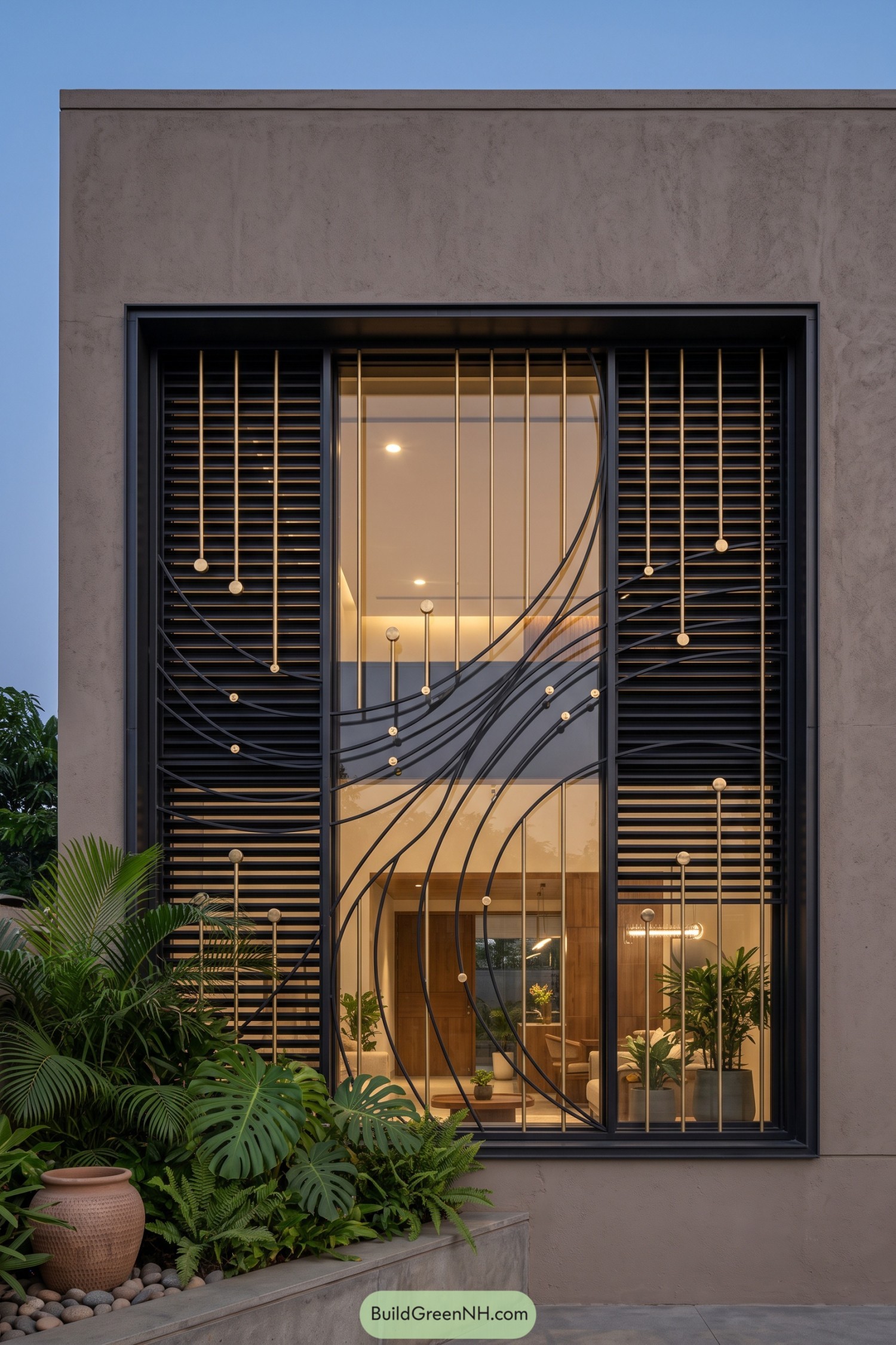 Black curved window grill with brass sphere accents