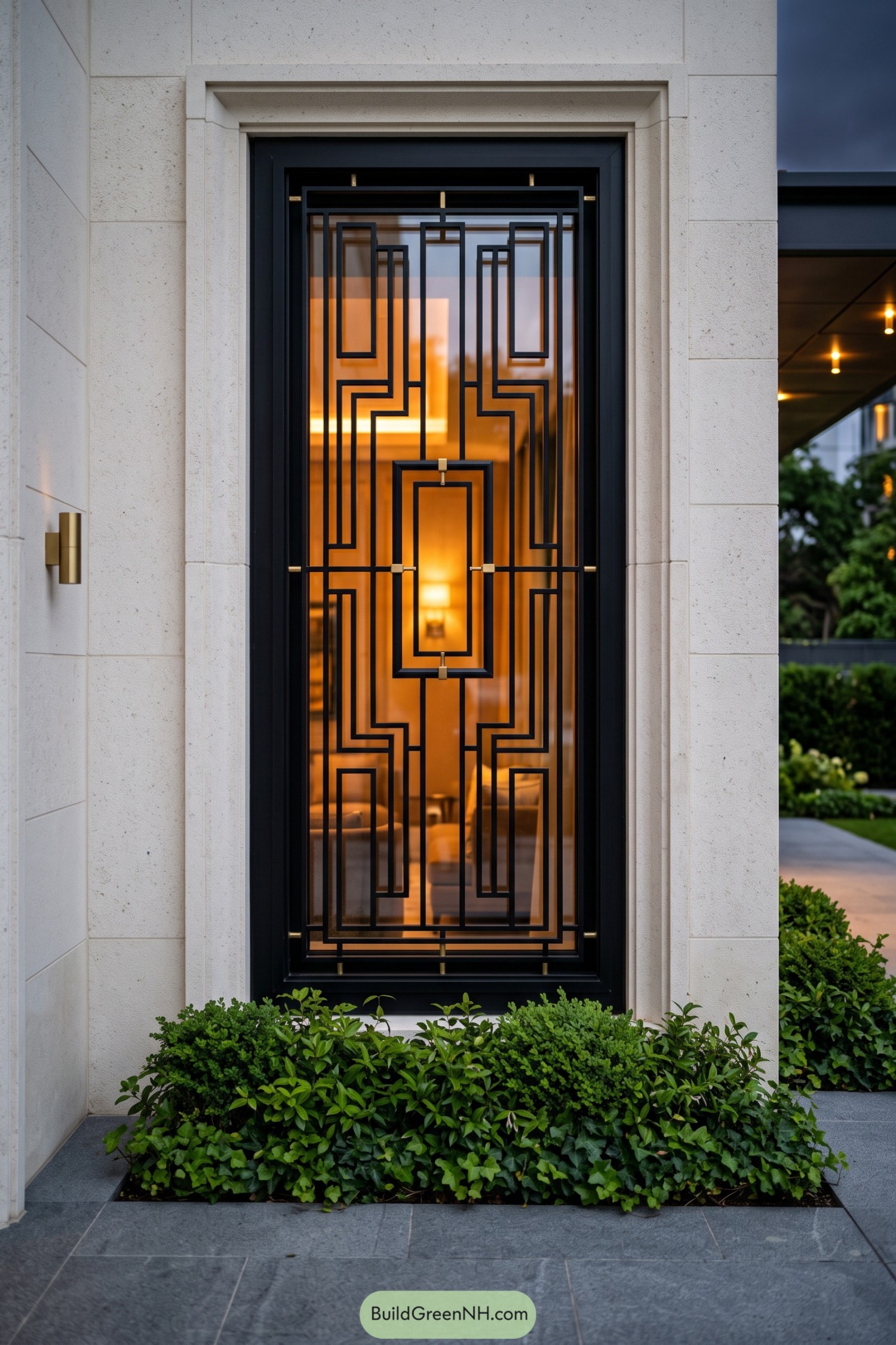 Black geometric grill with brass accents over a tall window