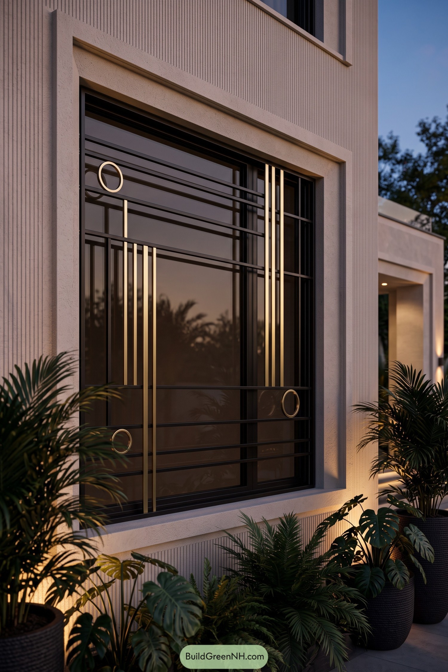 Black window grill with gold bars and circular accents