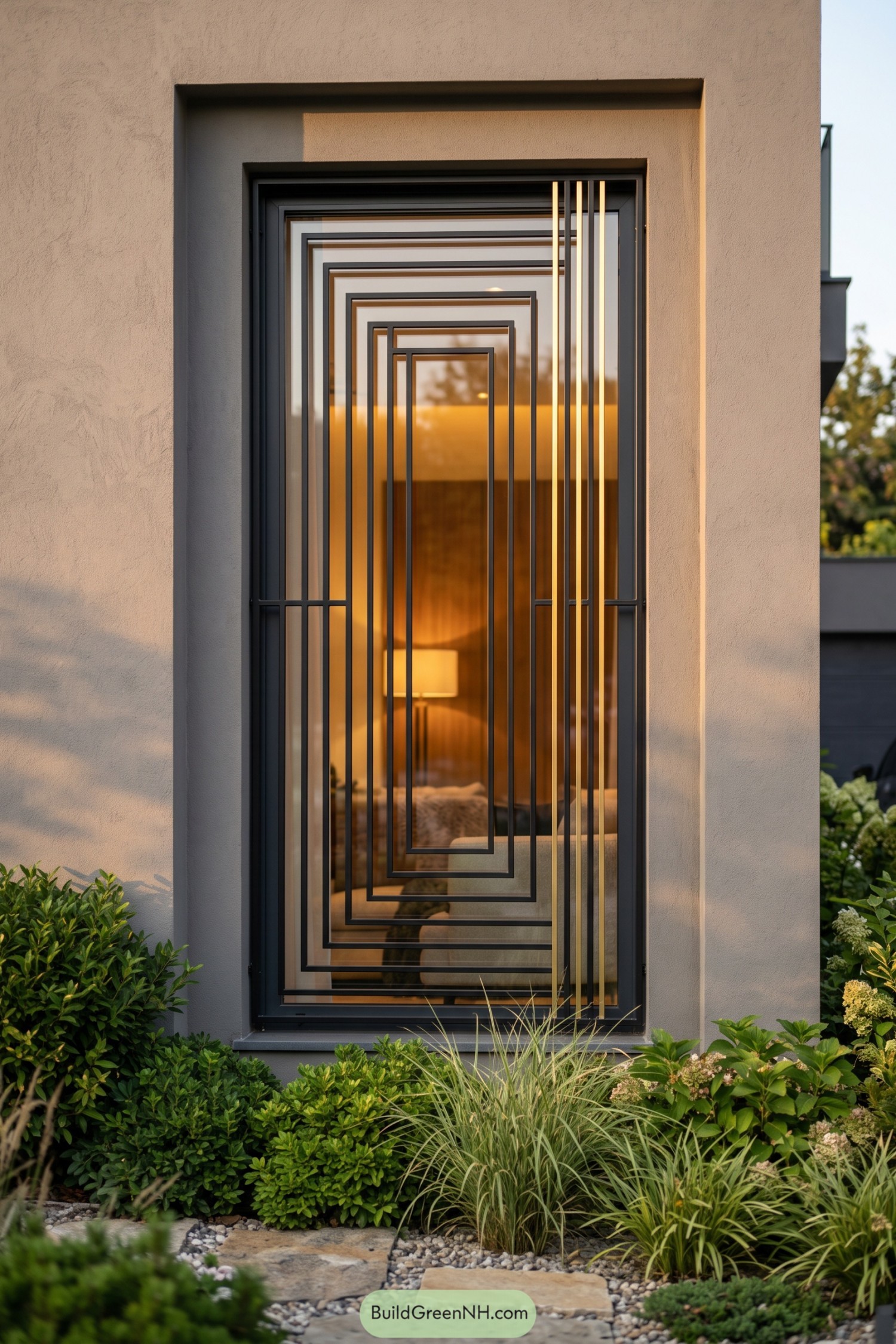Black geometric window grill with nested rectangular frames