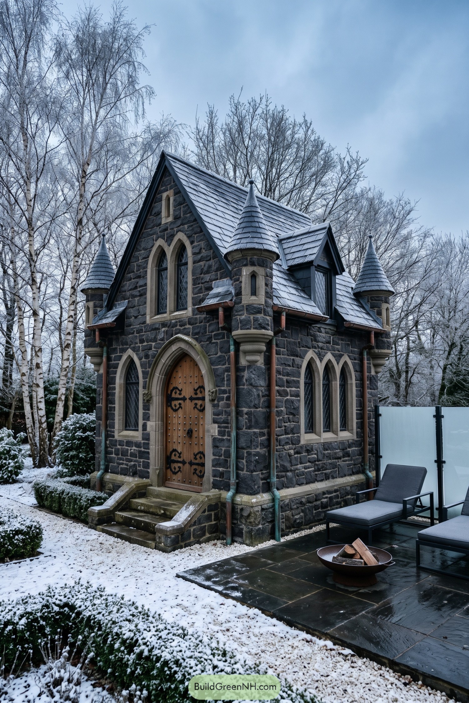 Compact stone Gothic cottage with turreted corners and arched windows in a snowy garden