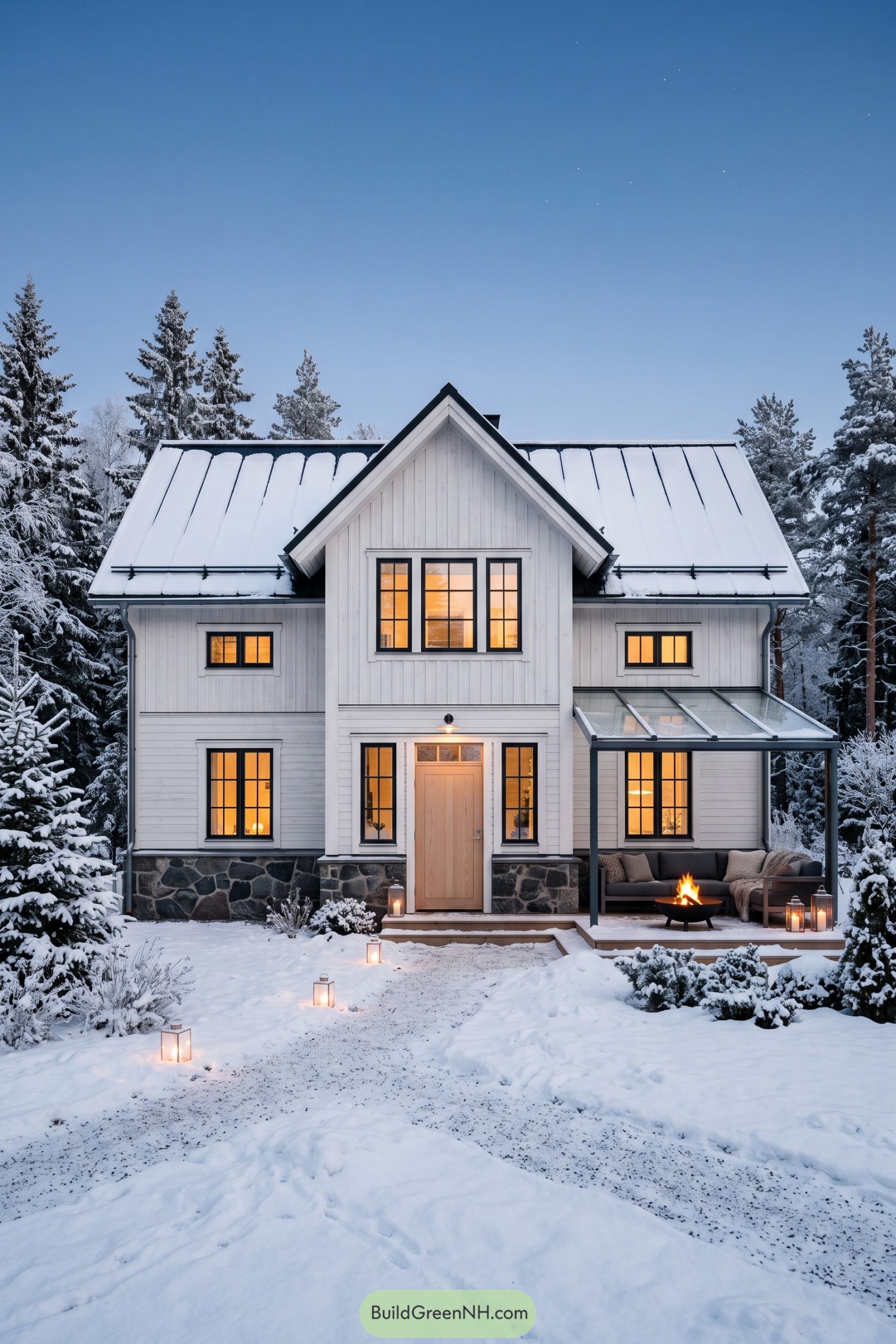White gabled home with a glass porch in snow