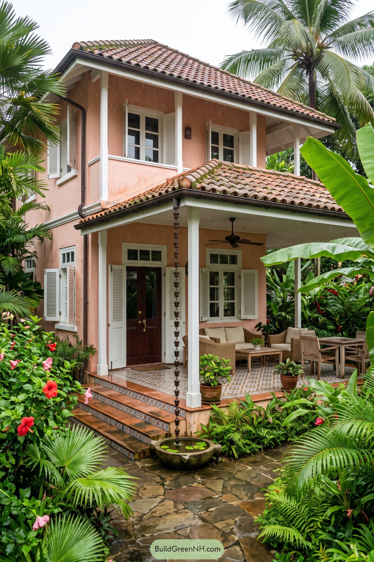Pink tropical villa with tiled roof and covered porch