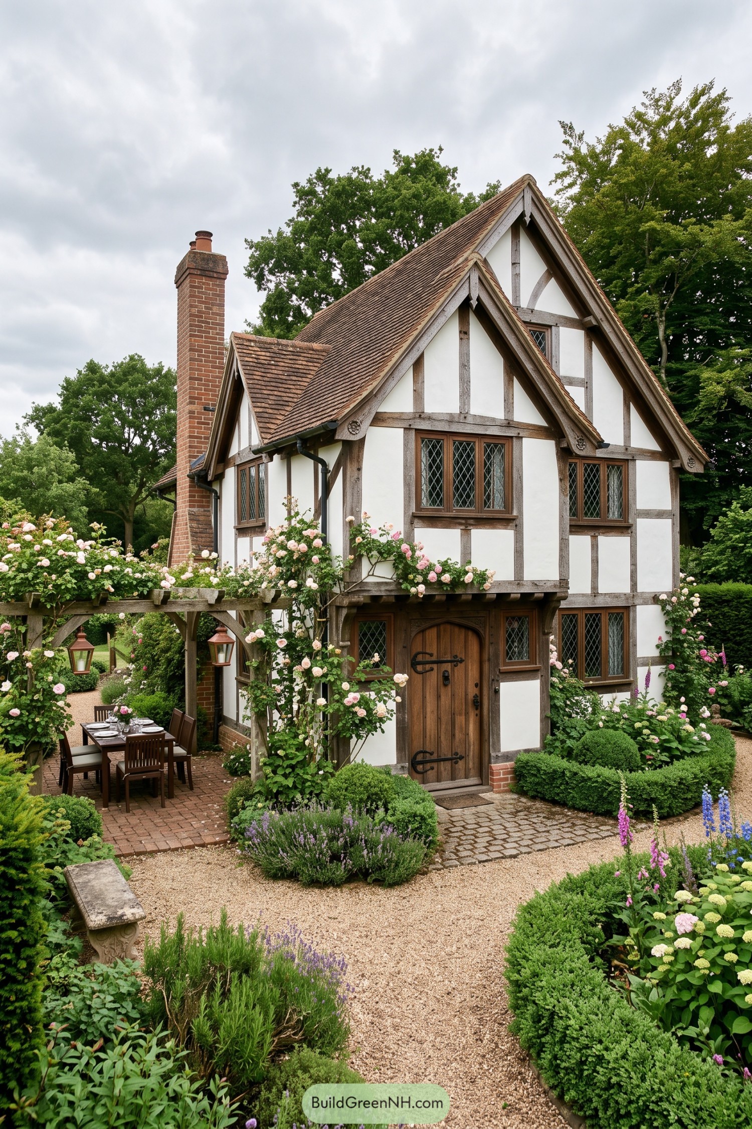 Compact Tudor cottage with roses and a garden terrace