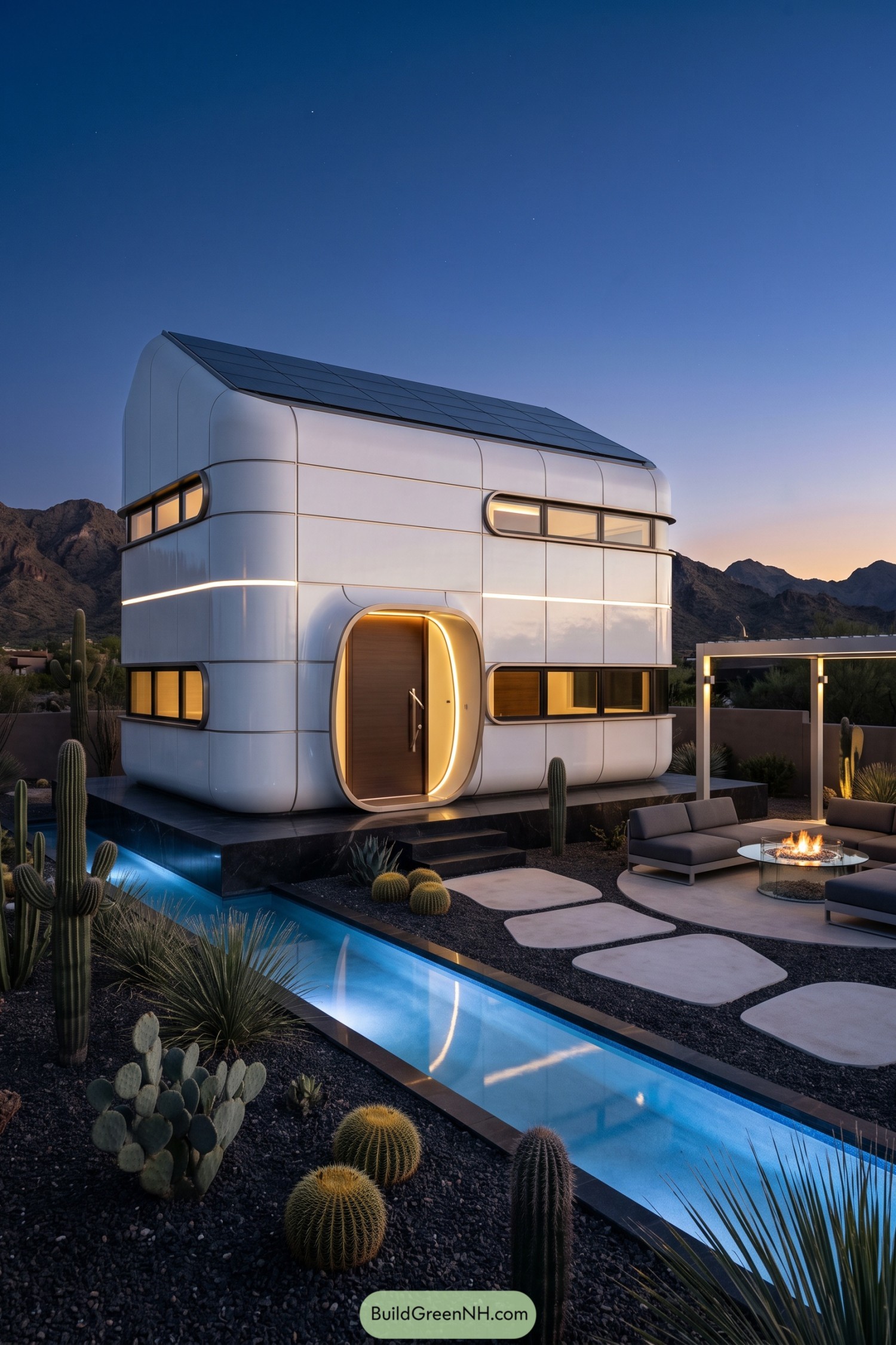 Curved white solar home beside a desert pool at dusk