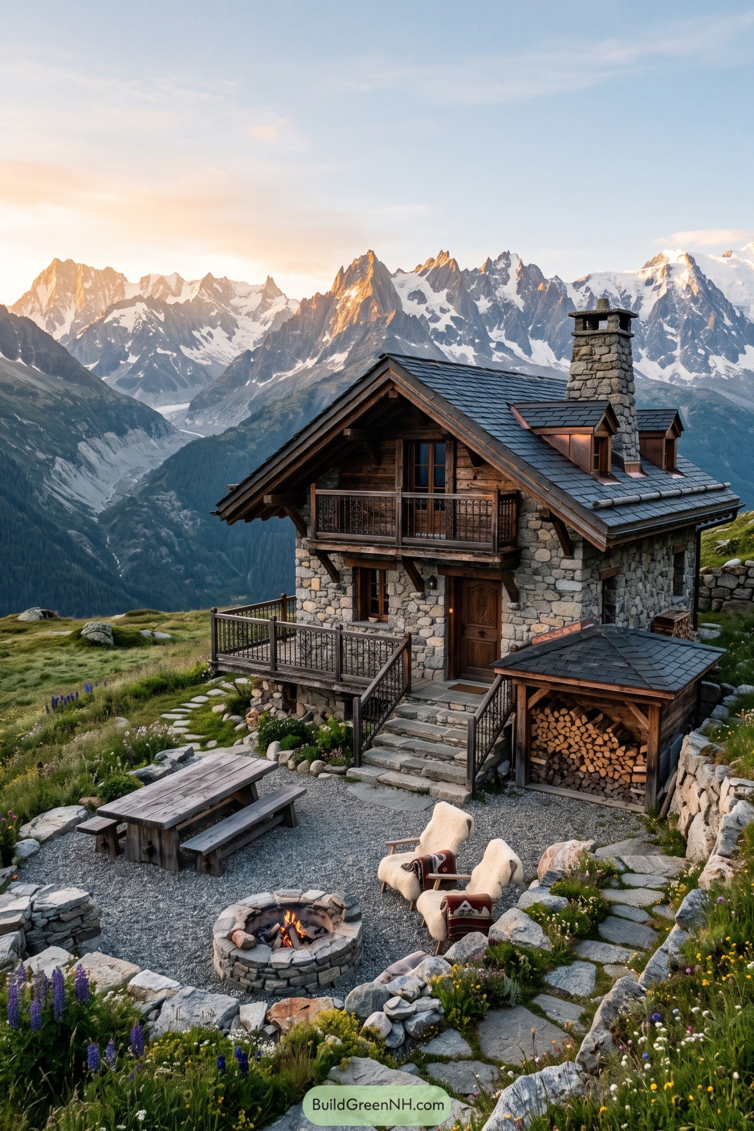 Stone-and-timber chalet overlooking snowy alpine peaks