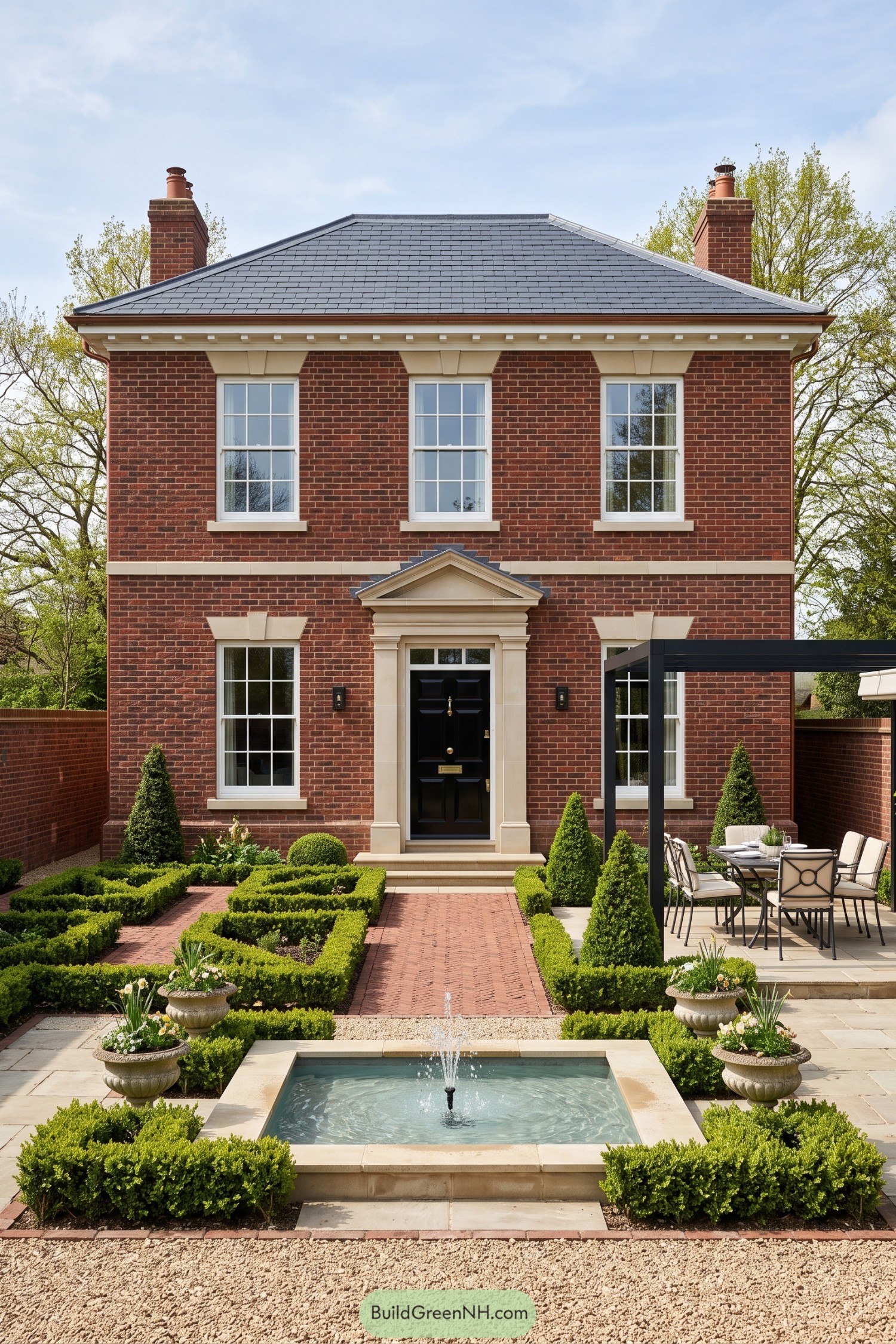 Red brick Georgian house with a formal fountain garden