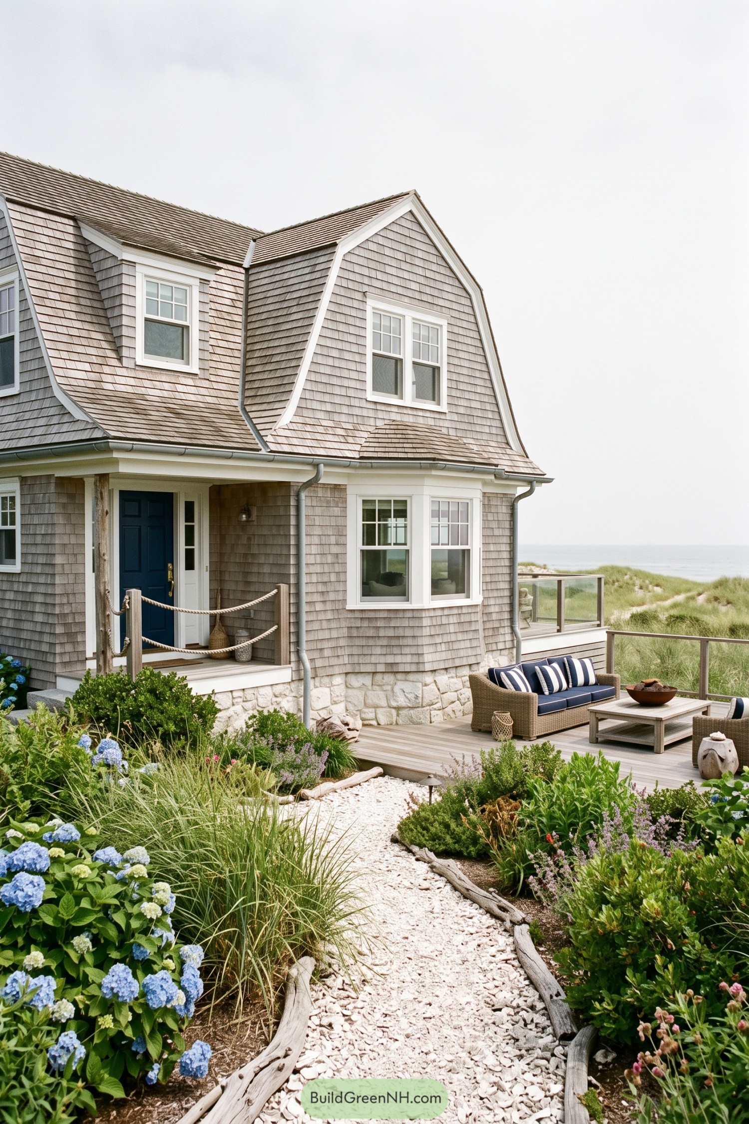 Weathered shingle cottage with a seaside deck and dune garden