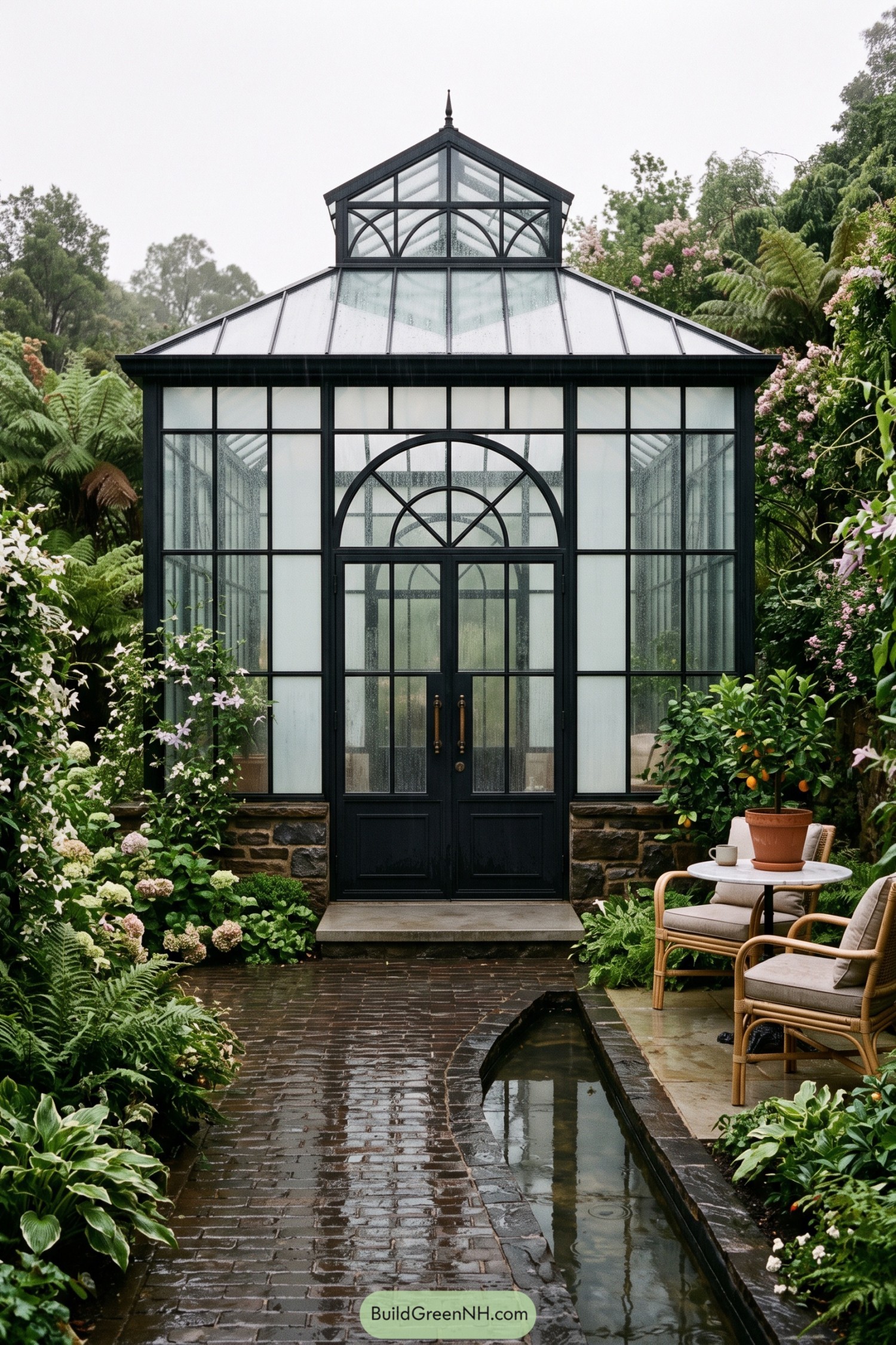 Black-framed glass conservatory beside a rain garden