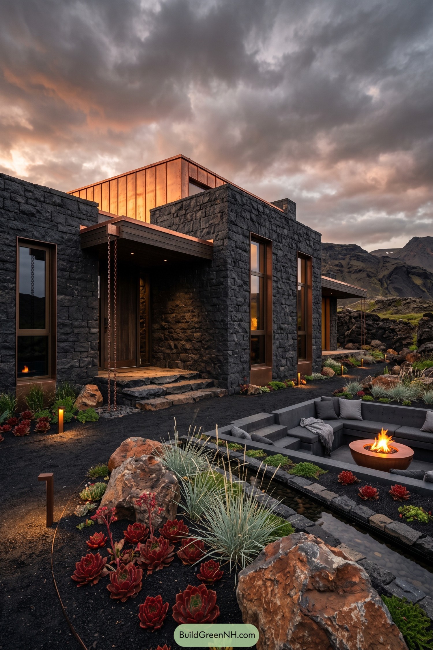 Dark stone residence with copper cladding in a volcanic mountain setting