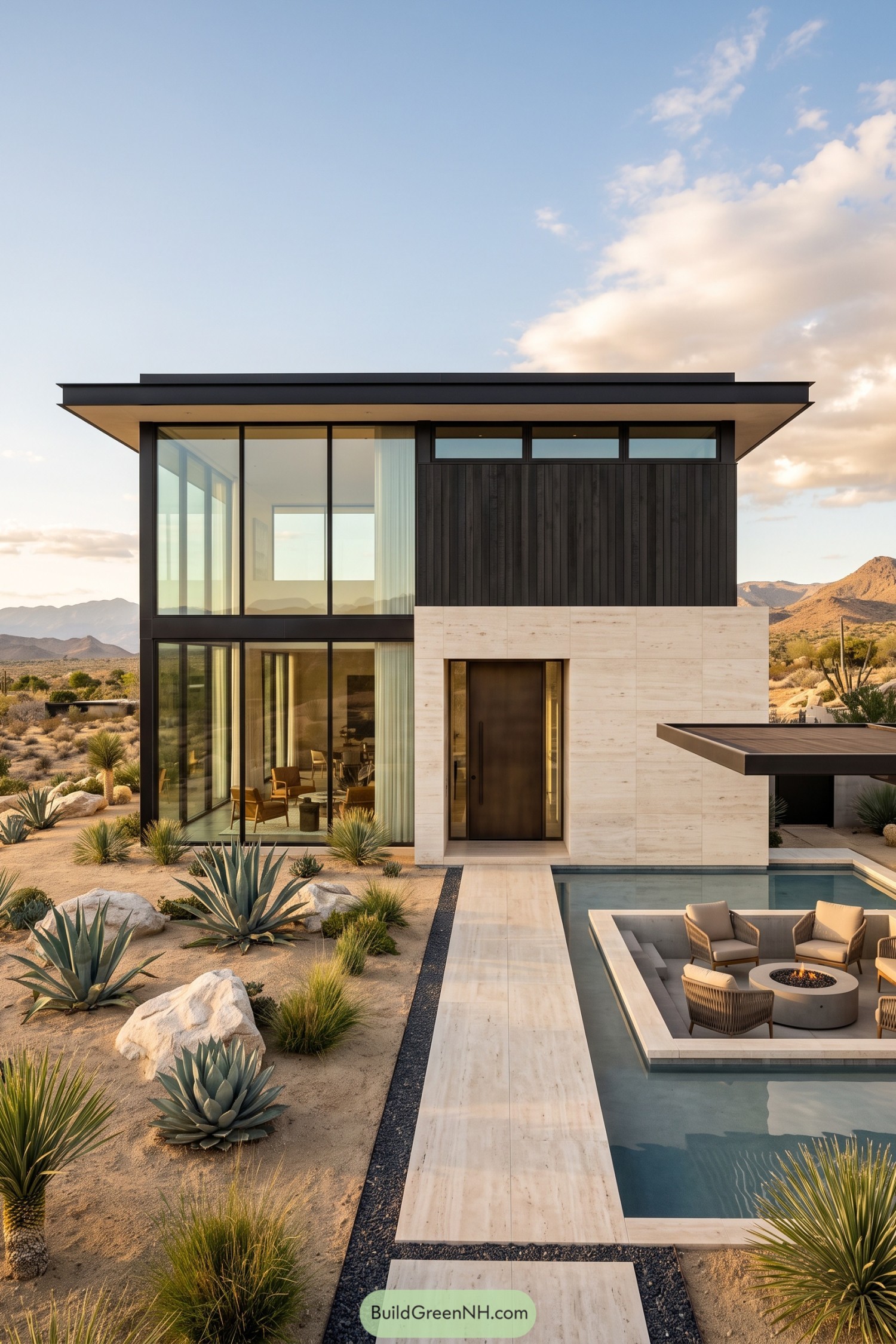 Modern desert home with pool courtyard and fire pit