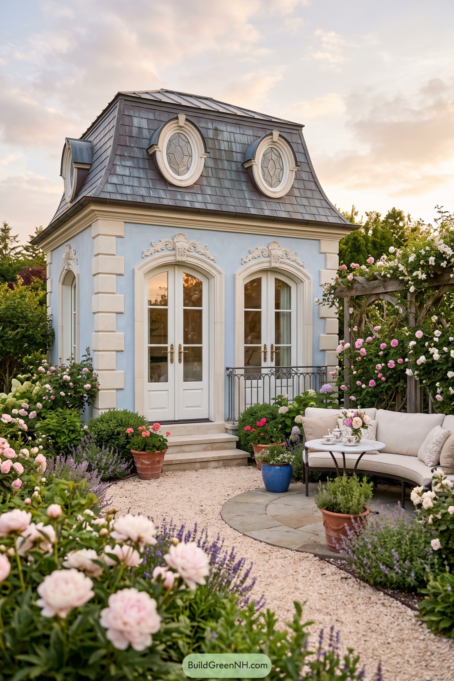 Powder blue mini mansion with a mansard roof and rose garden patio