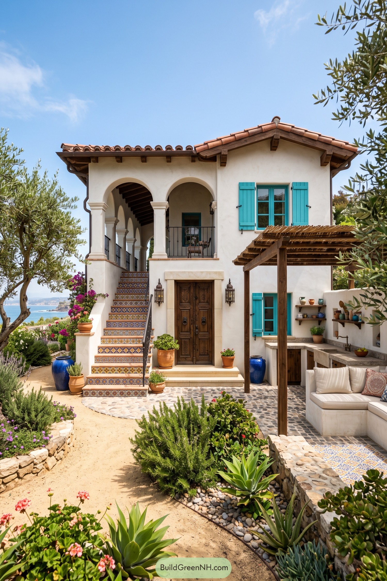 White stucco coastal casita with tiled stairs and turquoise shutters
