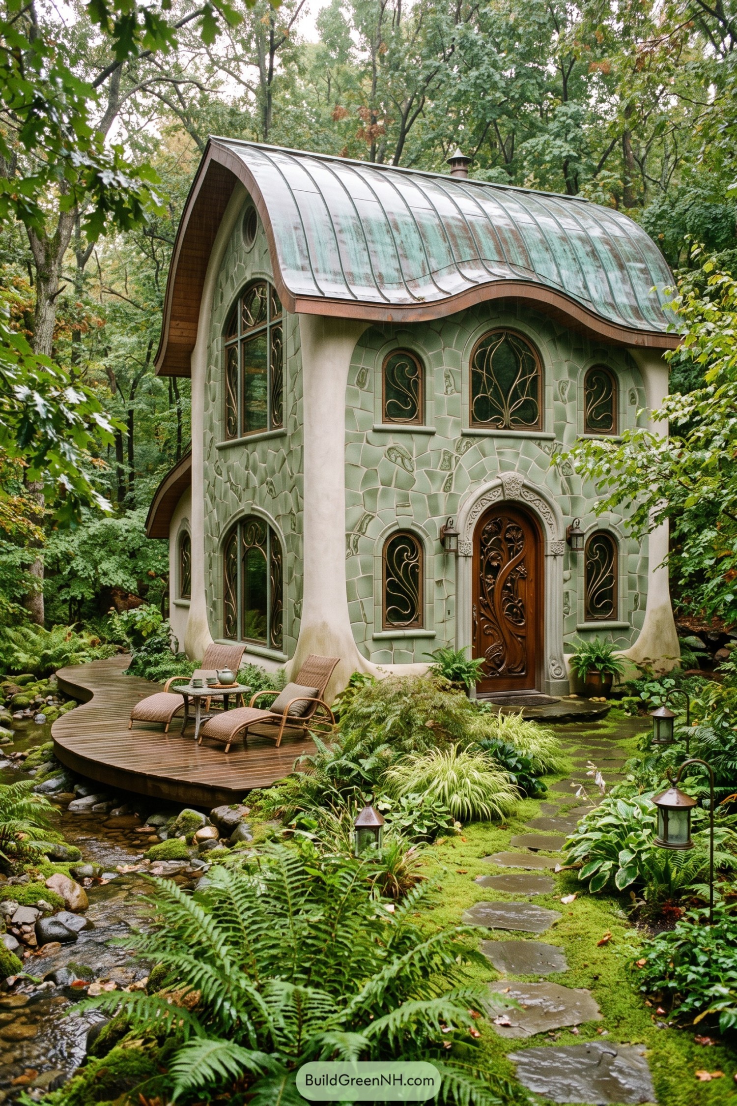 Curved green cottage with ornate windows beside a forest stream
