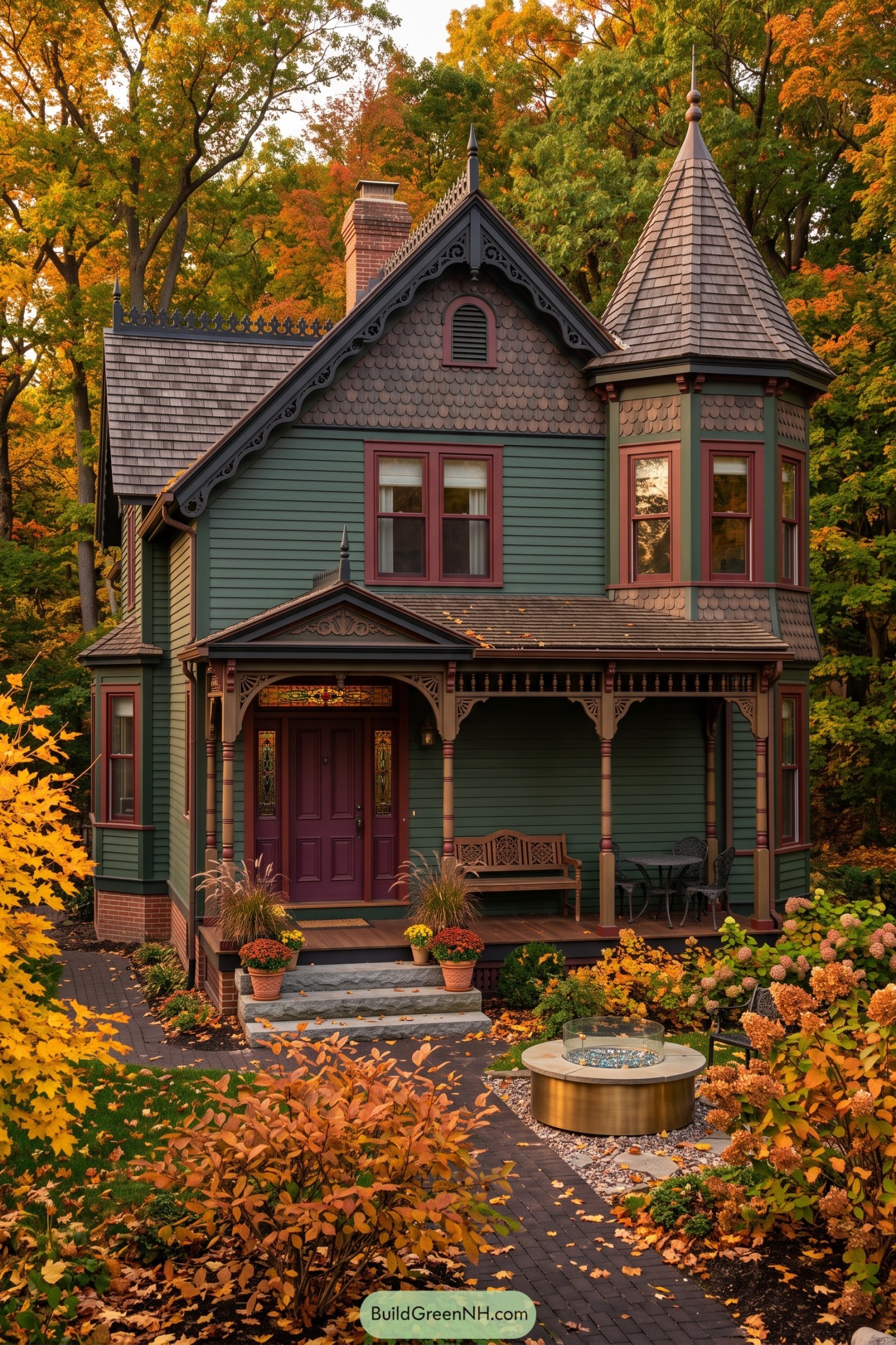 Green Victorian cottage with a turret and ornate porch