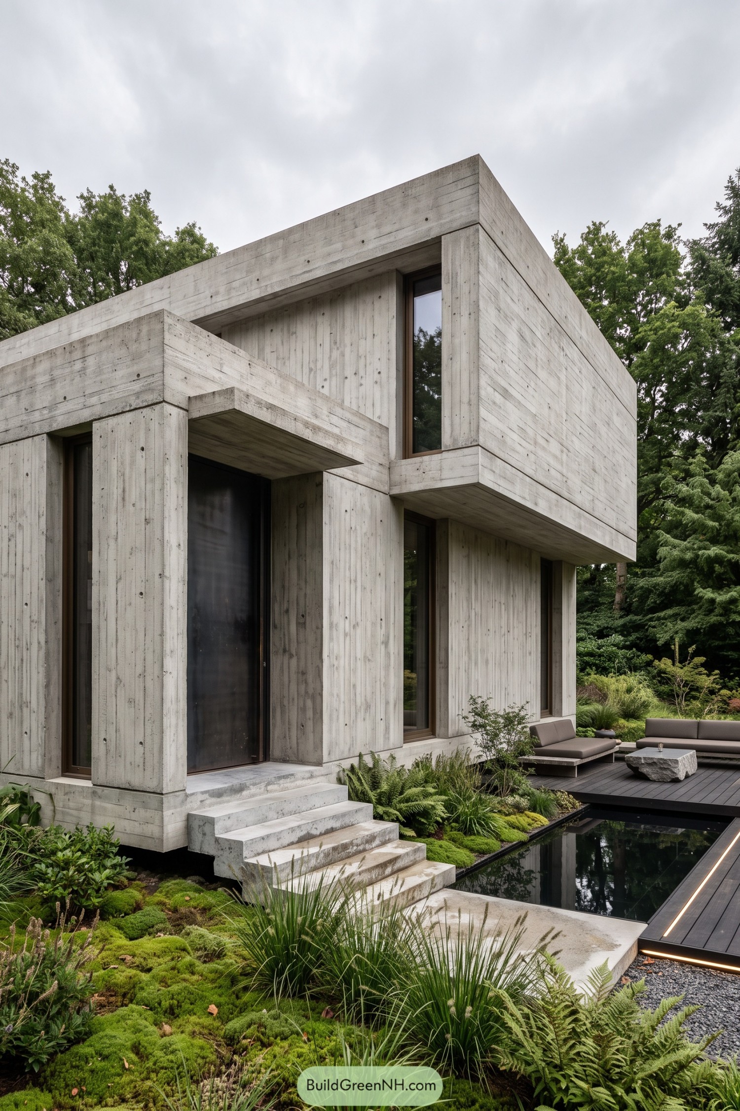 Concrete modern home with reflecting pool and ferns