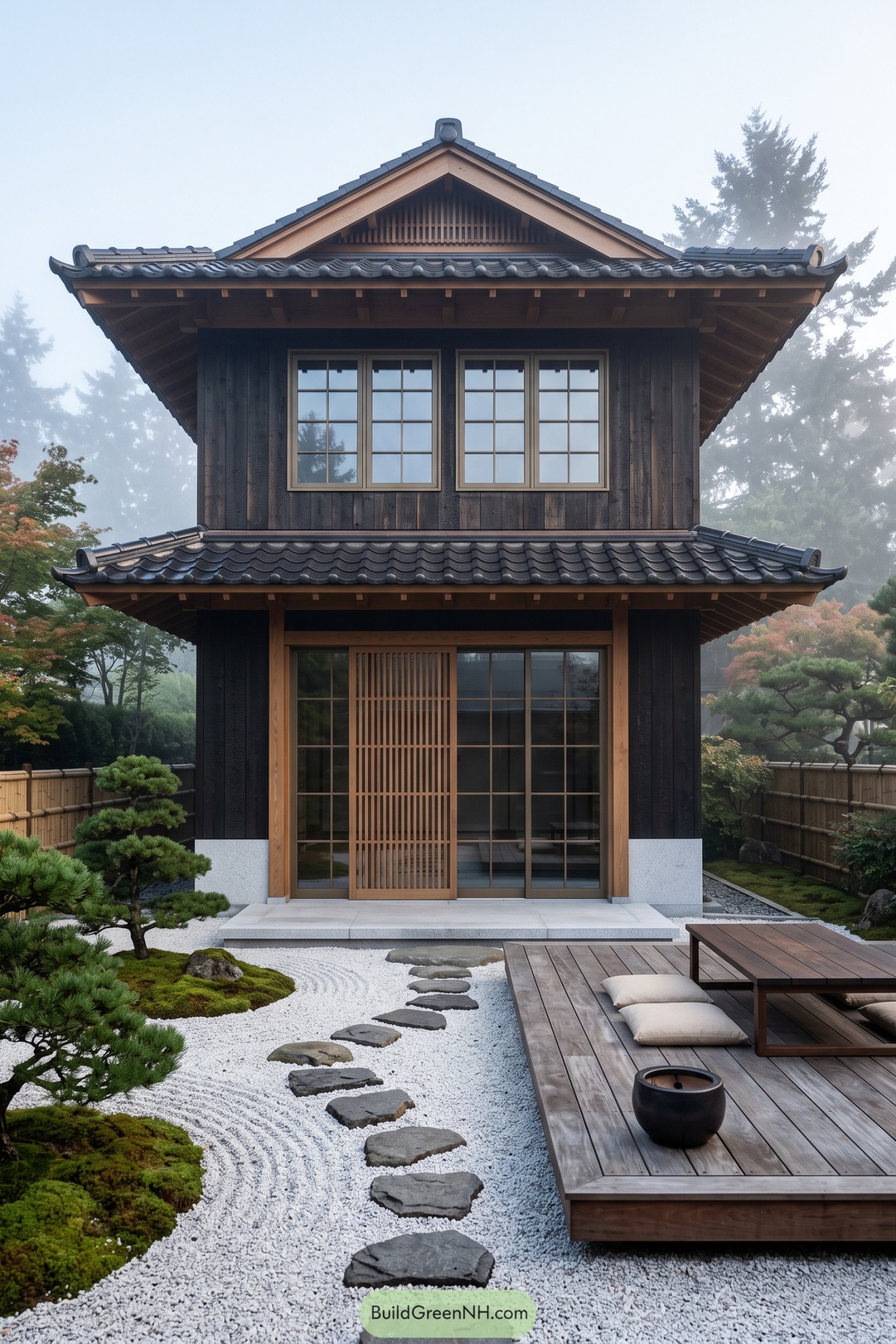Two-story Japanese-inspired home with tiled roofs and zen garden