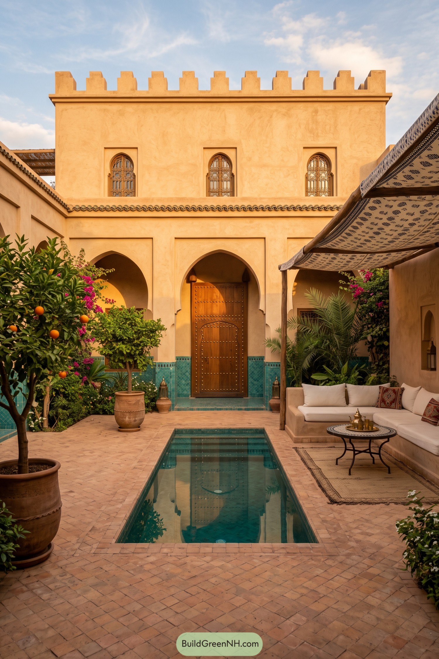 Sunken pool courtyard with ochre arches and tiled walls