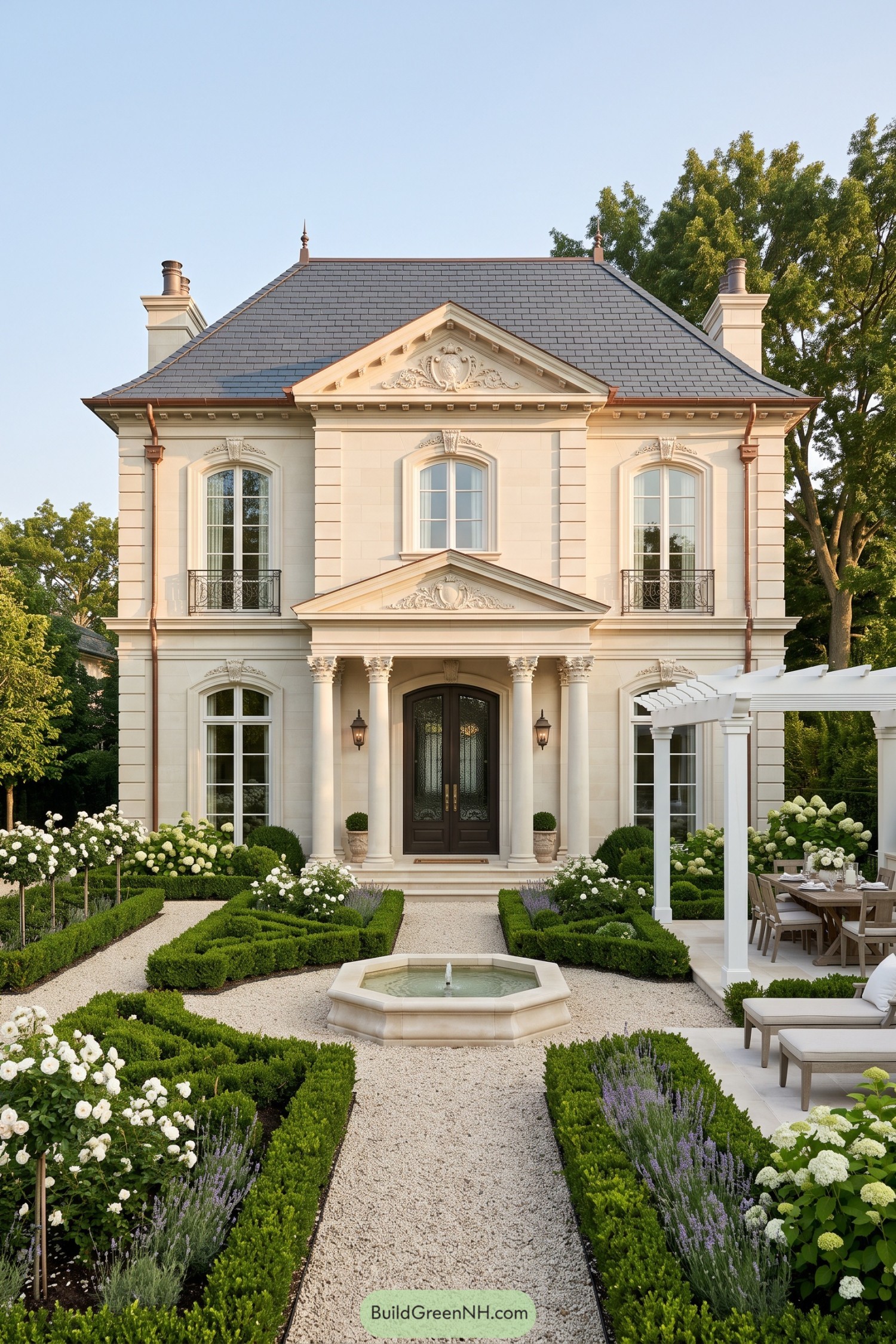 Cream stone manor with formal garden and fountain