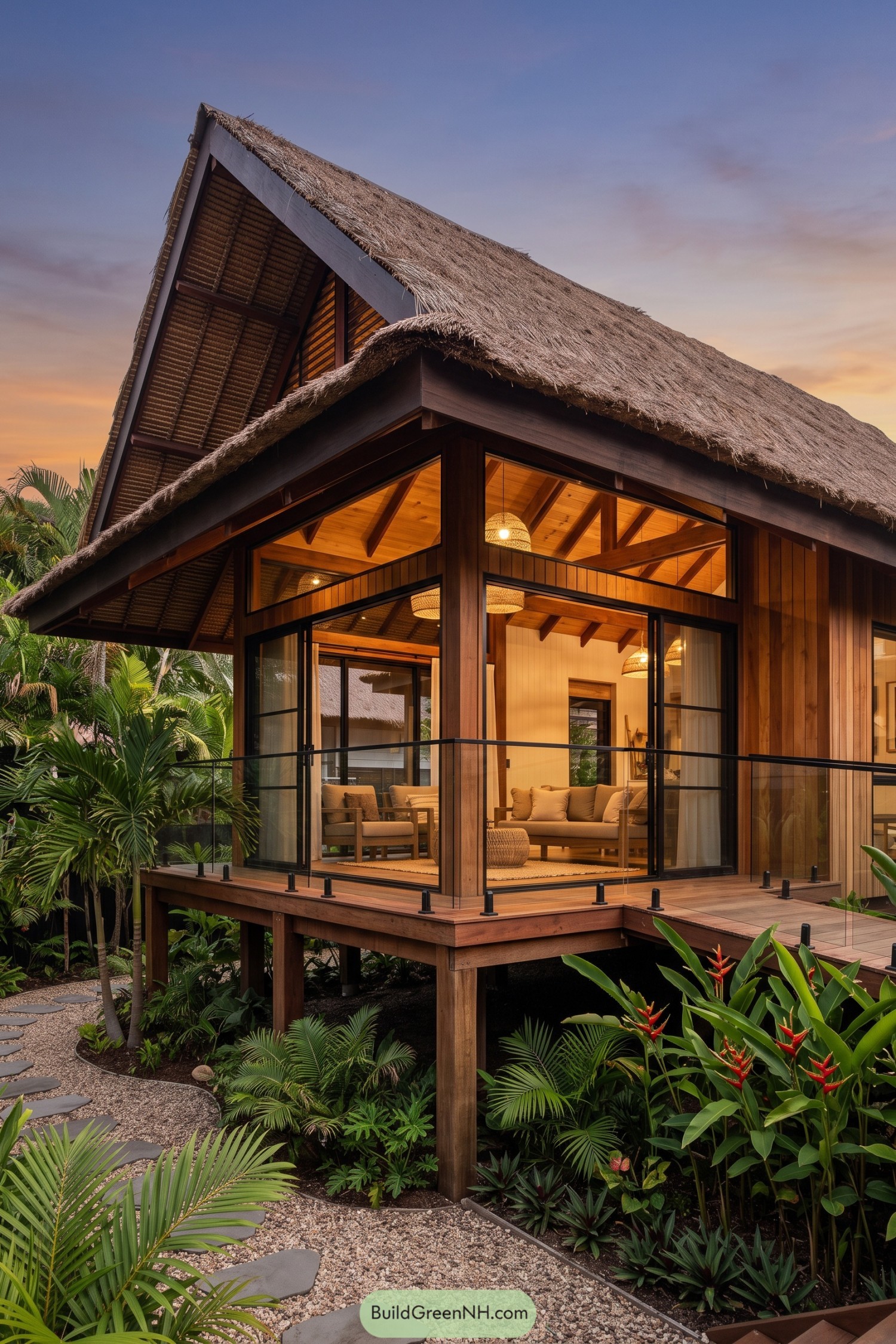 Modern bahay kubo with a soaring thatched roof and glass walls