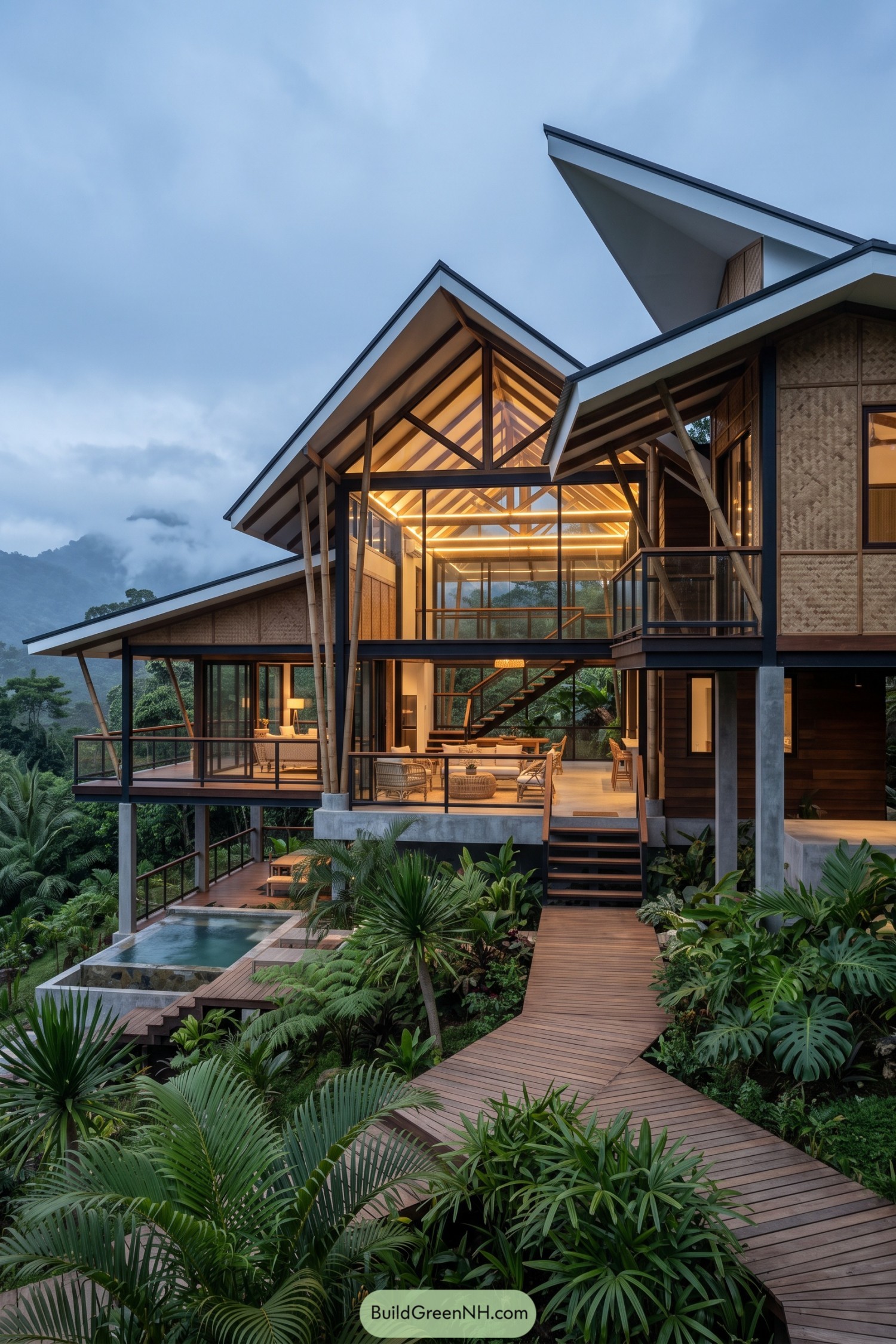 Modern bahay kubo with bamboo screens glass walls and twin gabled roofs above a tropical garden