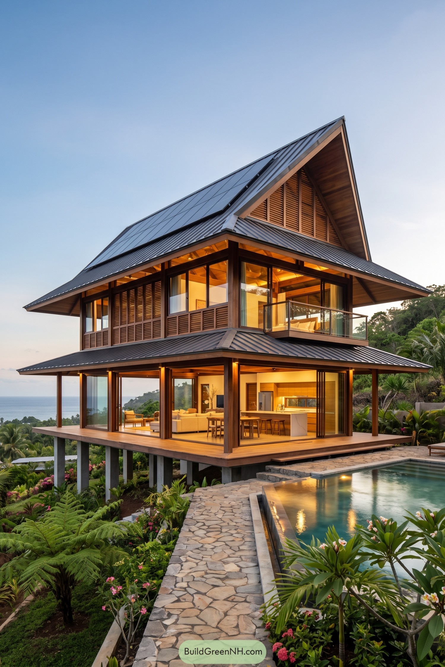 Modern stilt house with solar roof and pool
