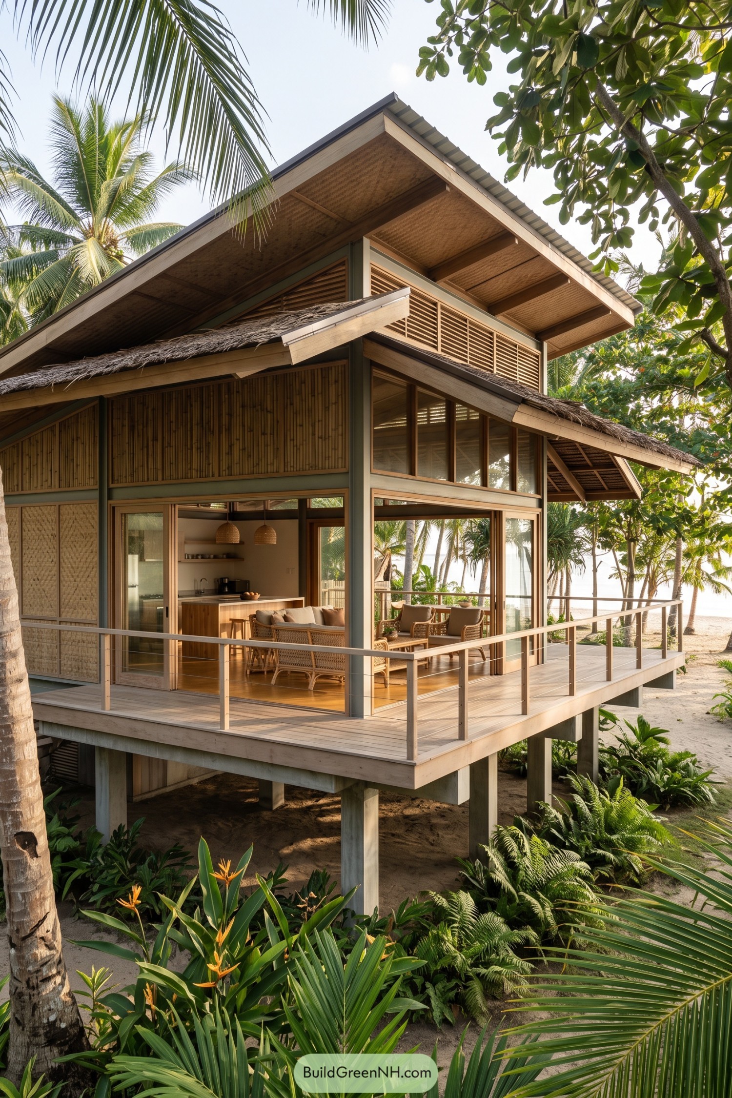 Modern bamboo bahay kubo with wraparound deck beside palms