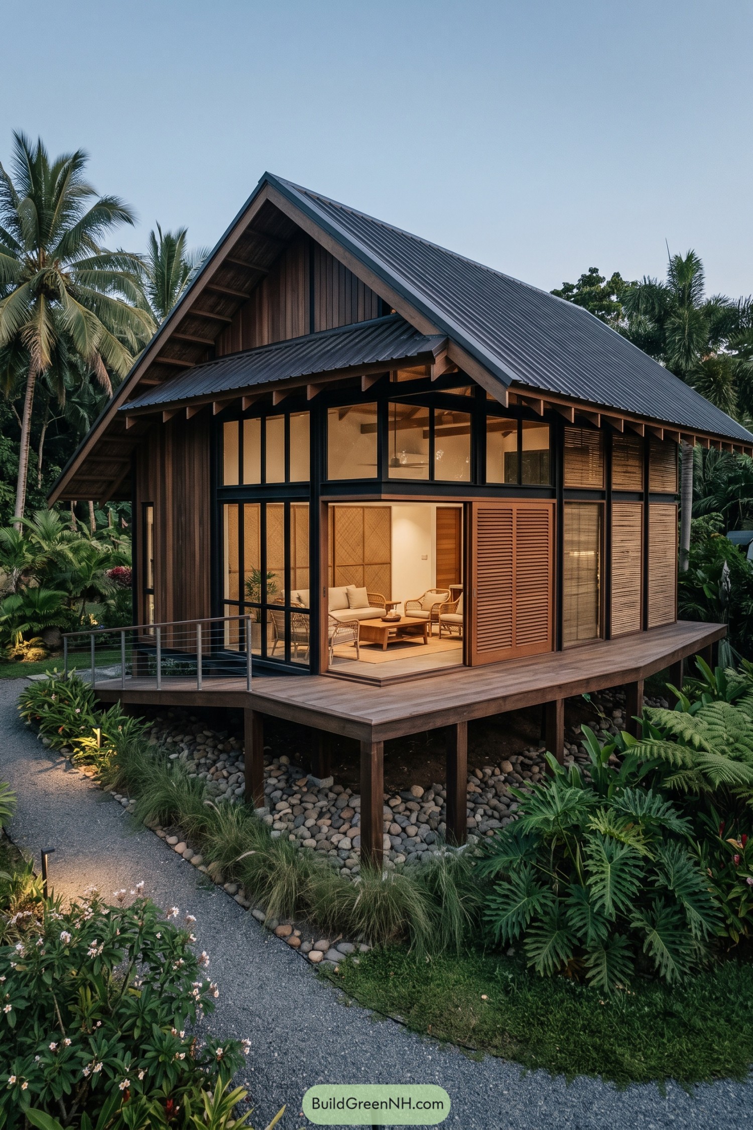 Modern raised bahay kubo with broad roof and timber deck