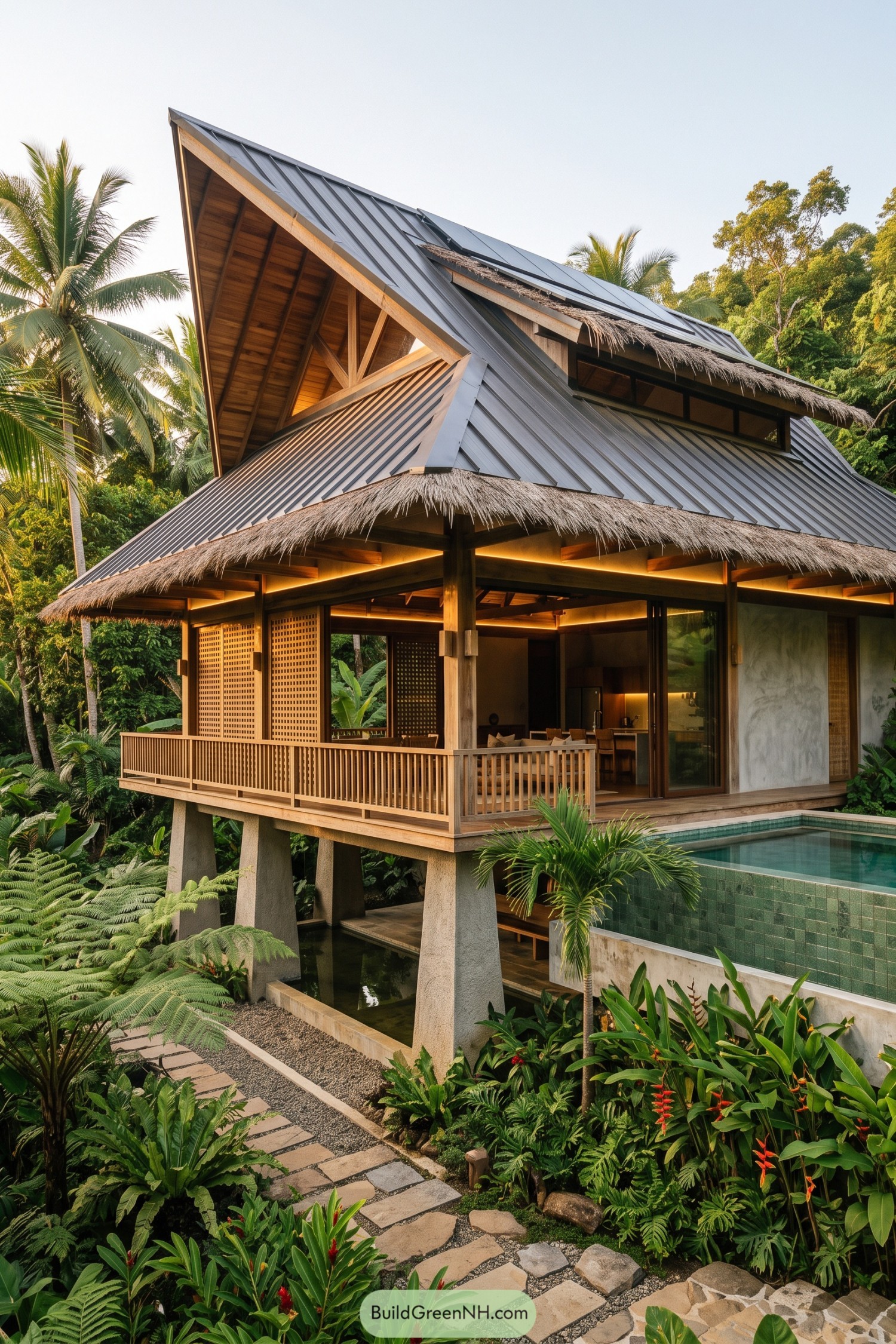 Modern bahay kubo with solar roof and pool