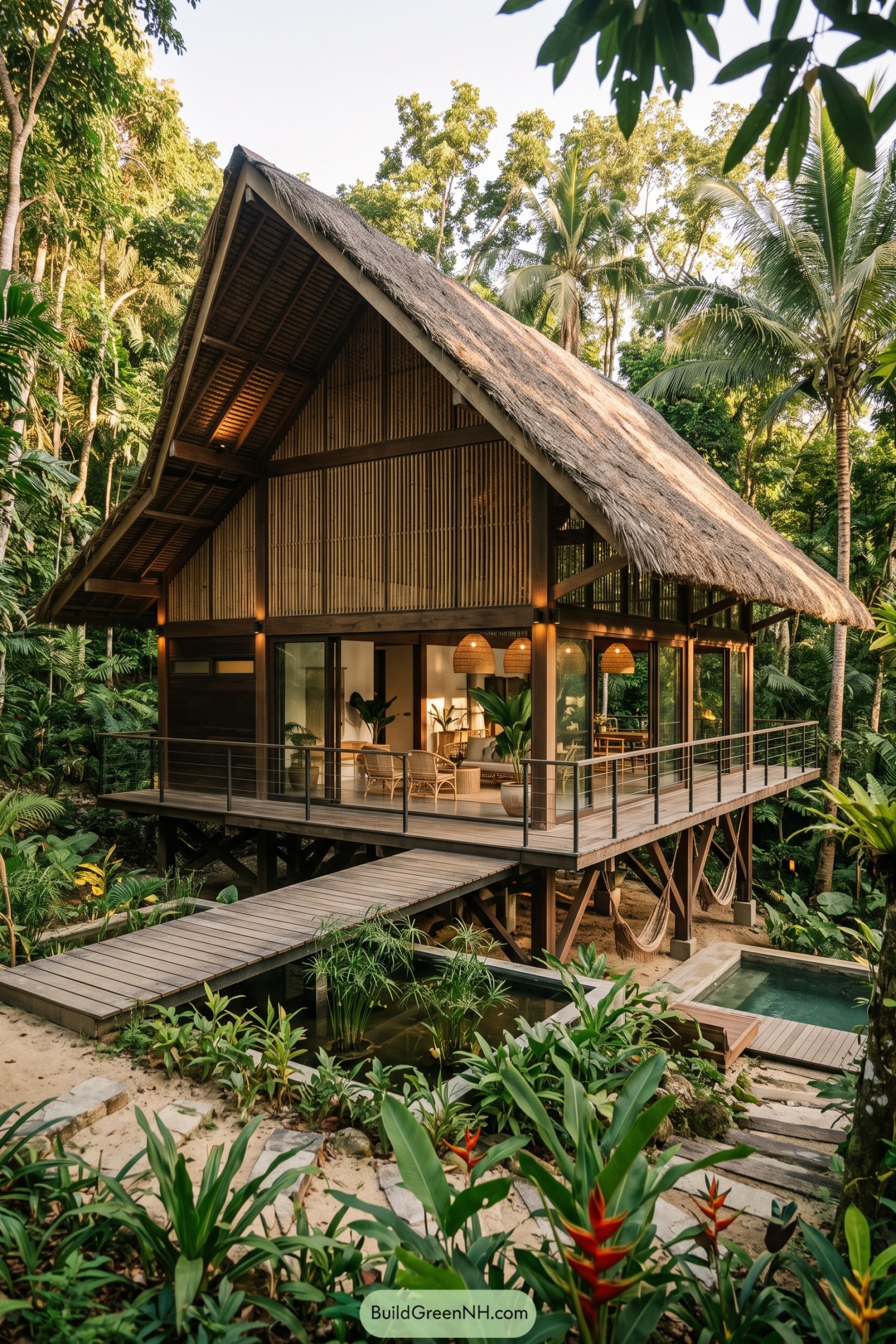 Modern bahay kubo with a steep thatched roof bamboo screens and pool deck in lush tropical foliage