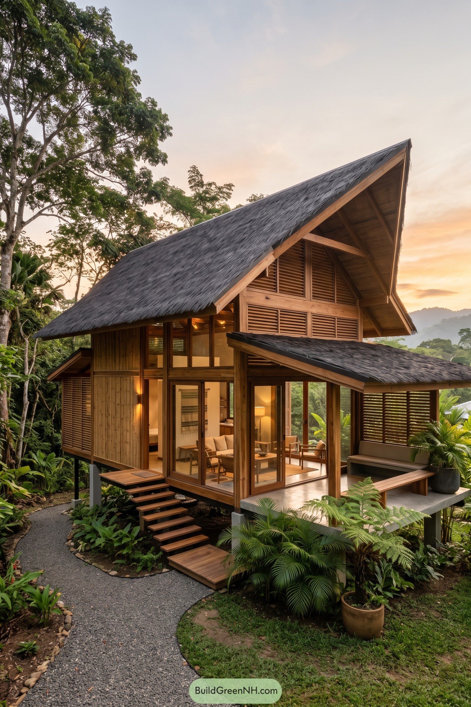 Modern timber bahay kubo with a sweeping thatched roof and shaded terrace