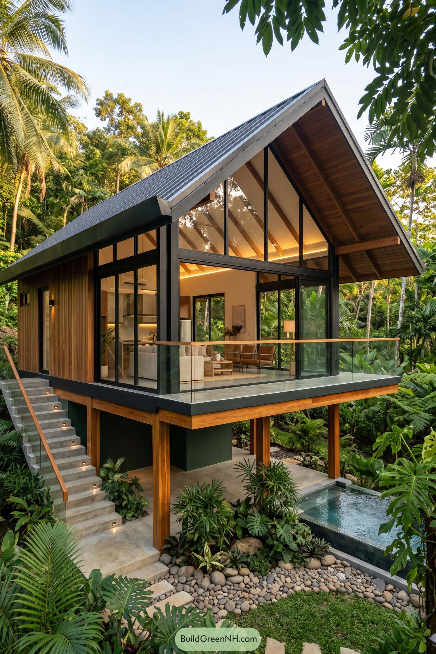 Modern elevated kubo with soaring roof and tropical pool