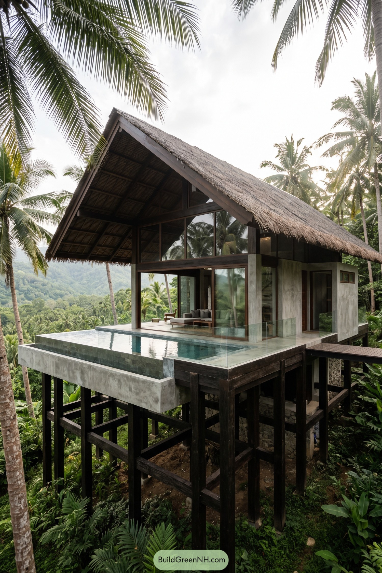 Modern stilted bahay kubo with thatched roof and infinity pool