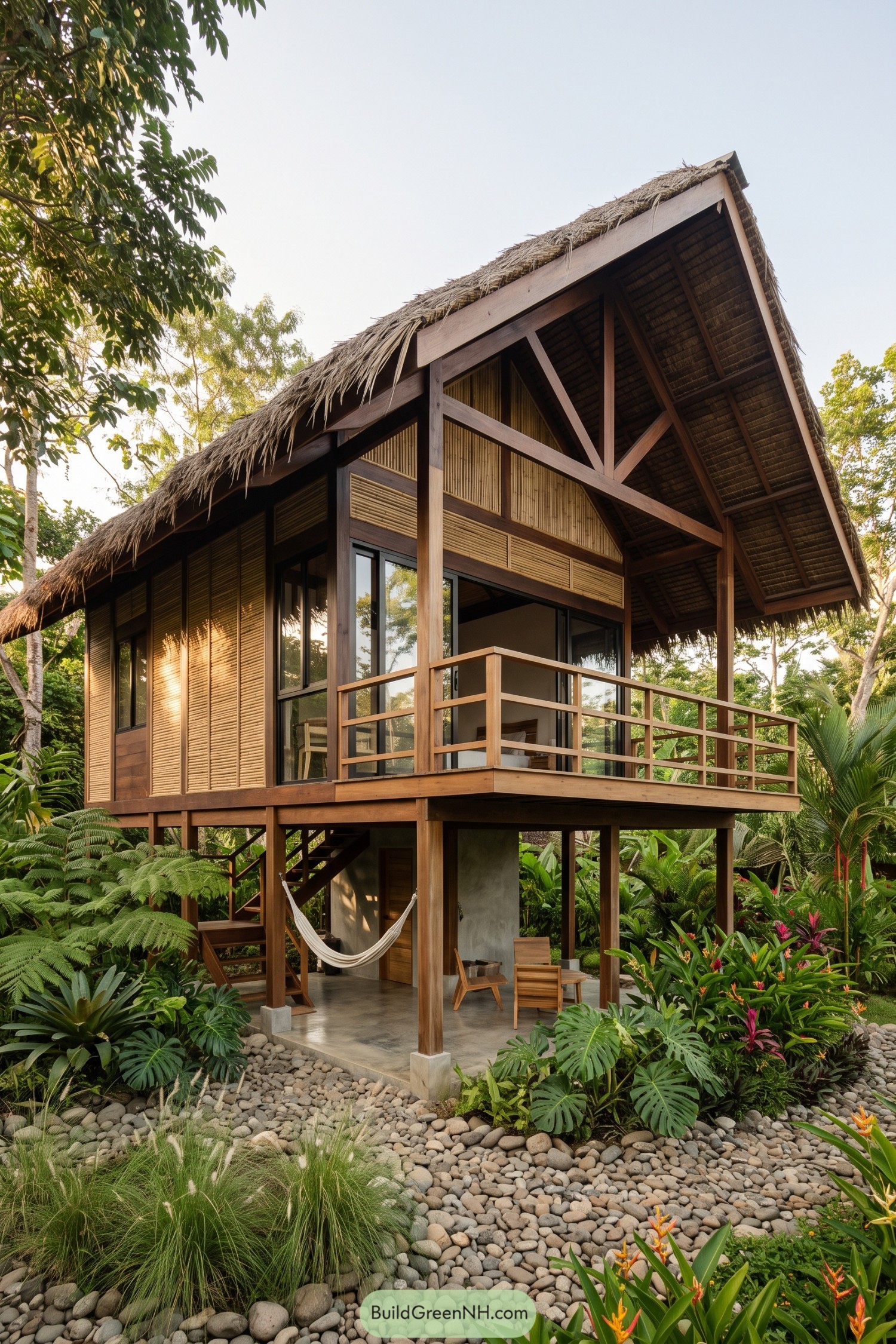 Modern stilted bahay kubo with bamboo walls and thatched roof