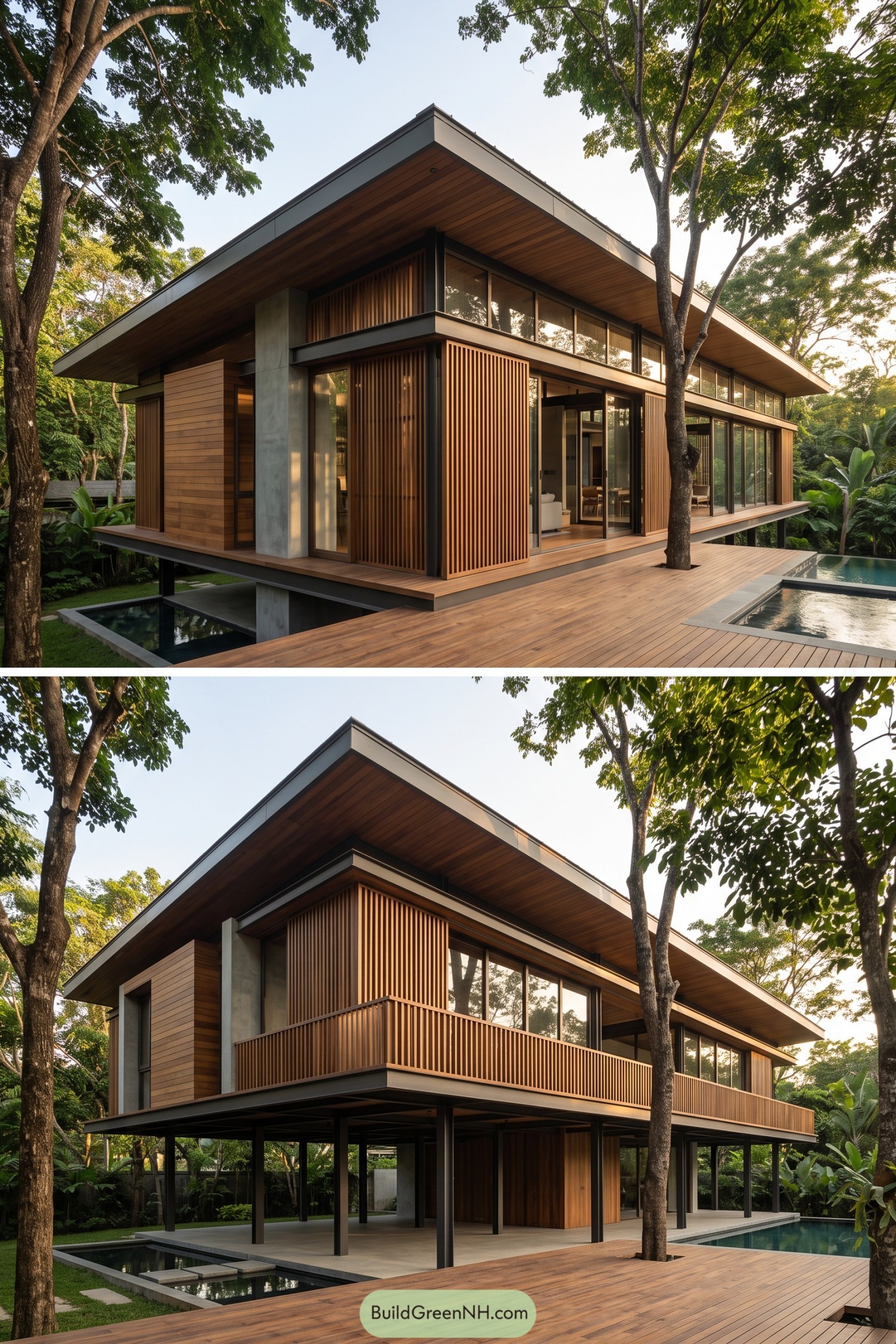 Modern elevated bahay kubo with timber screens and a pool deck