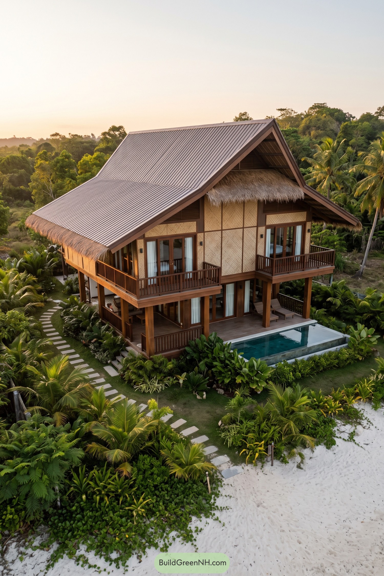 Two-story bahay kubo villa with a gabled roof and pool