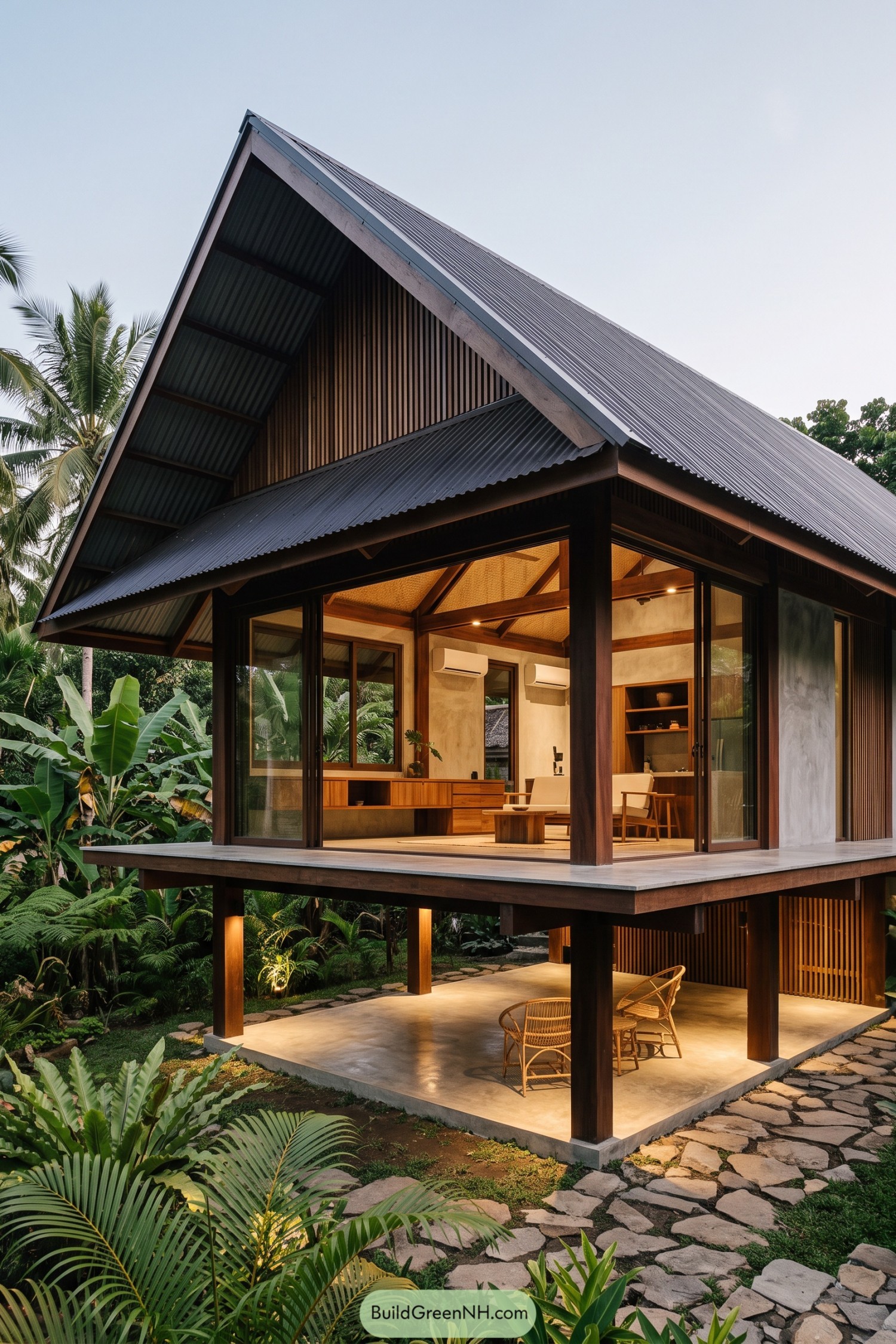 Modern raised bahay kubo with a steep metal roof and open ground terrace