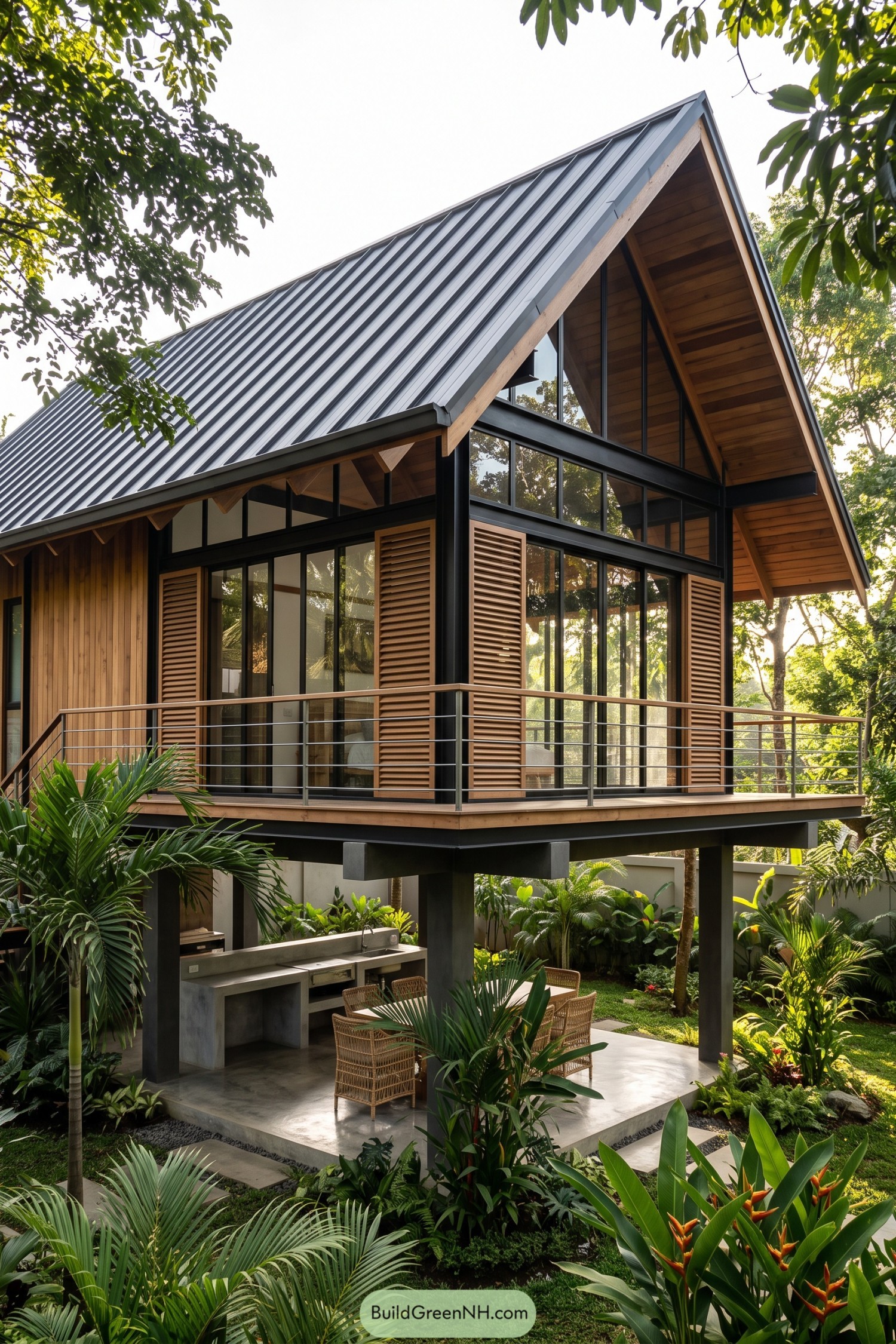 Modern stilt house with metal gable roof and tropical garden