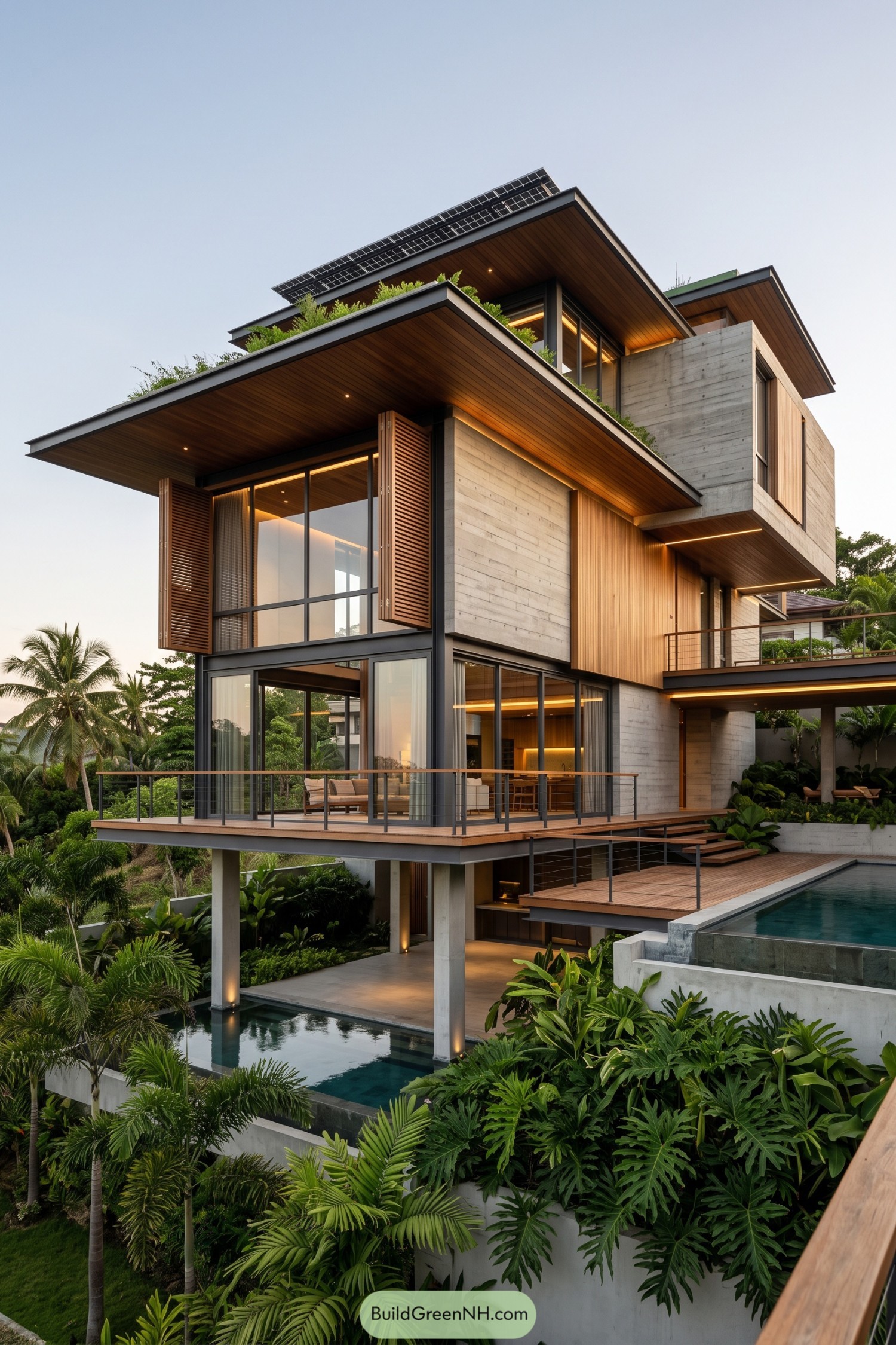 Modern elevated bahay kubo with wood screens terraces and lush tropical gardens