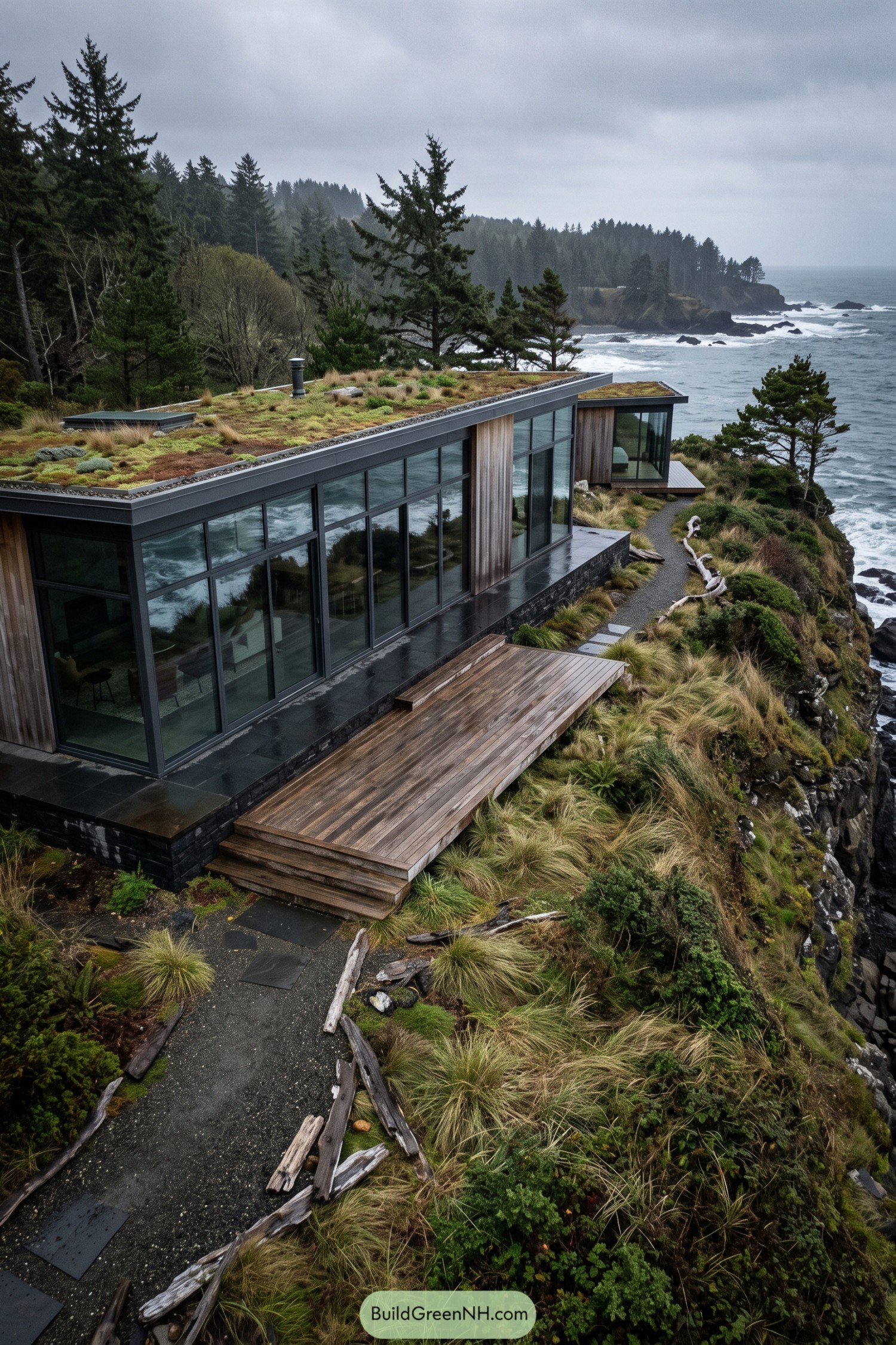 Modern glass house with a planted roof above a rocky ocean cliff