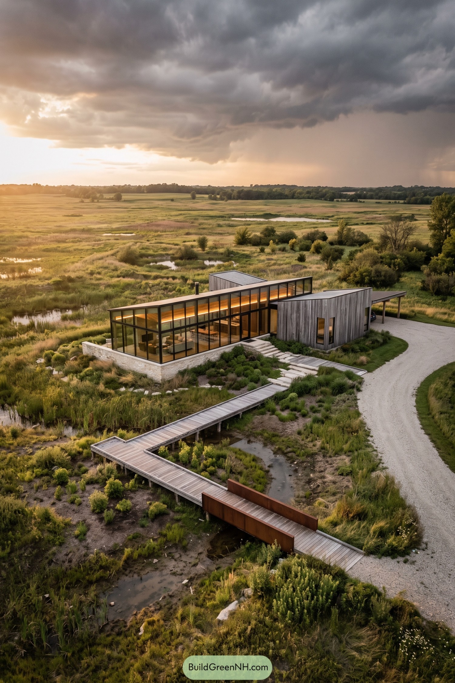 Glass-walled timber home beside a wetland boardwalk