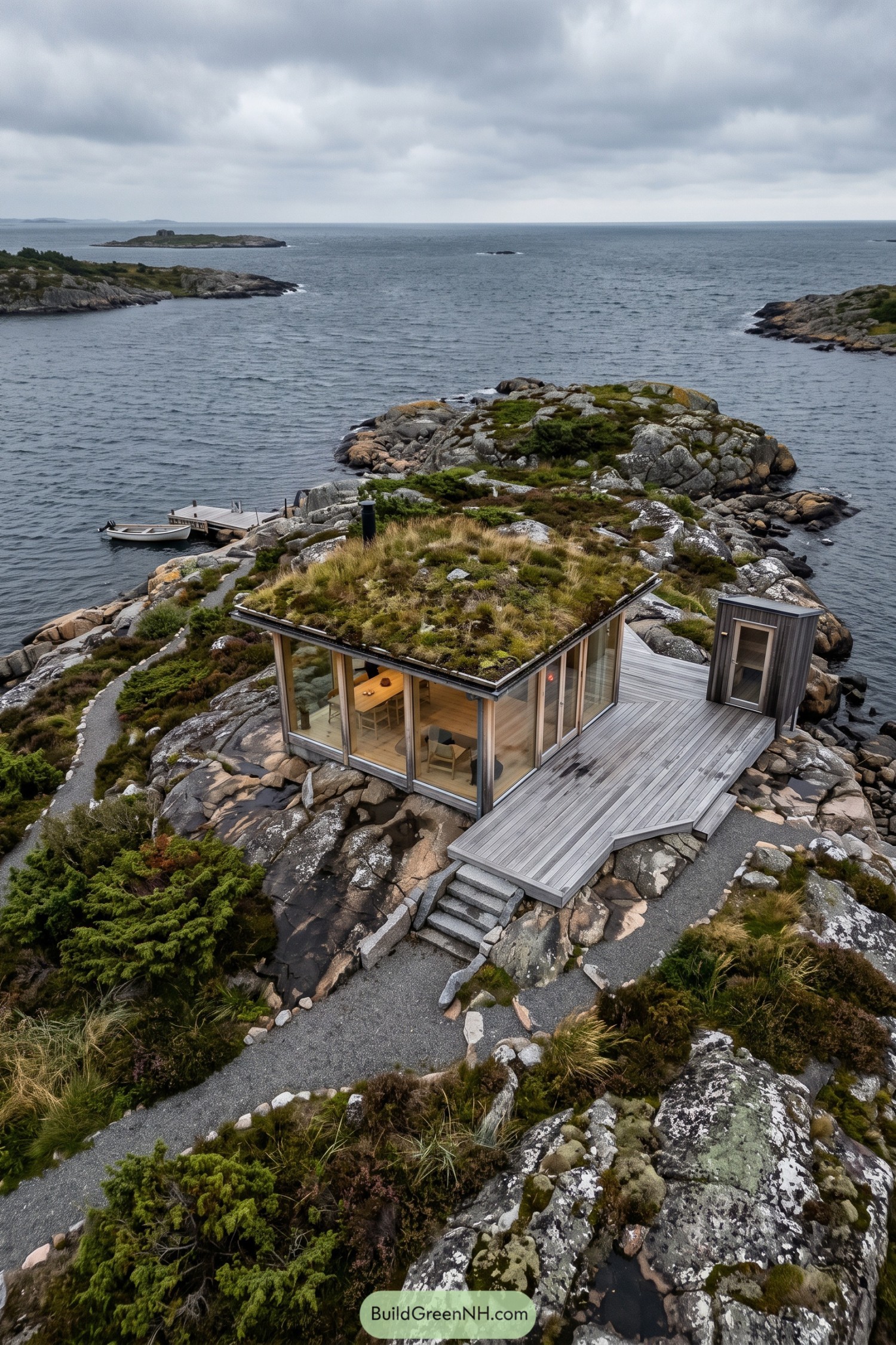 Glass cabin with a planted roof above a rocky sea inlet