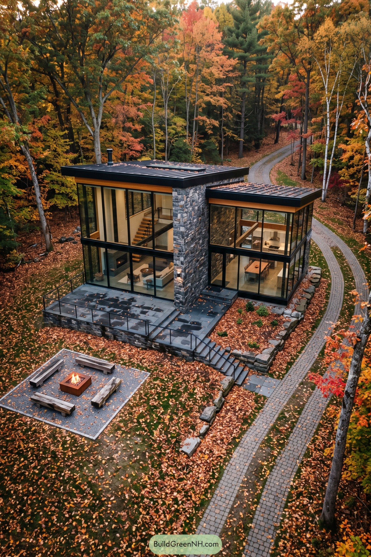 Modern glass home with stone core in autumn woods