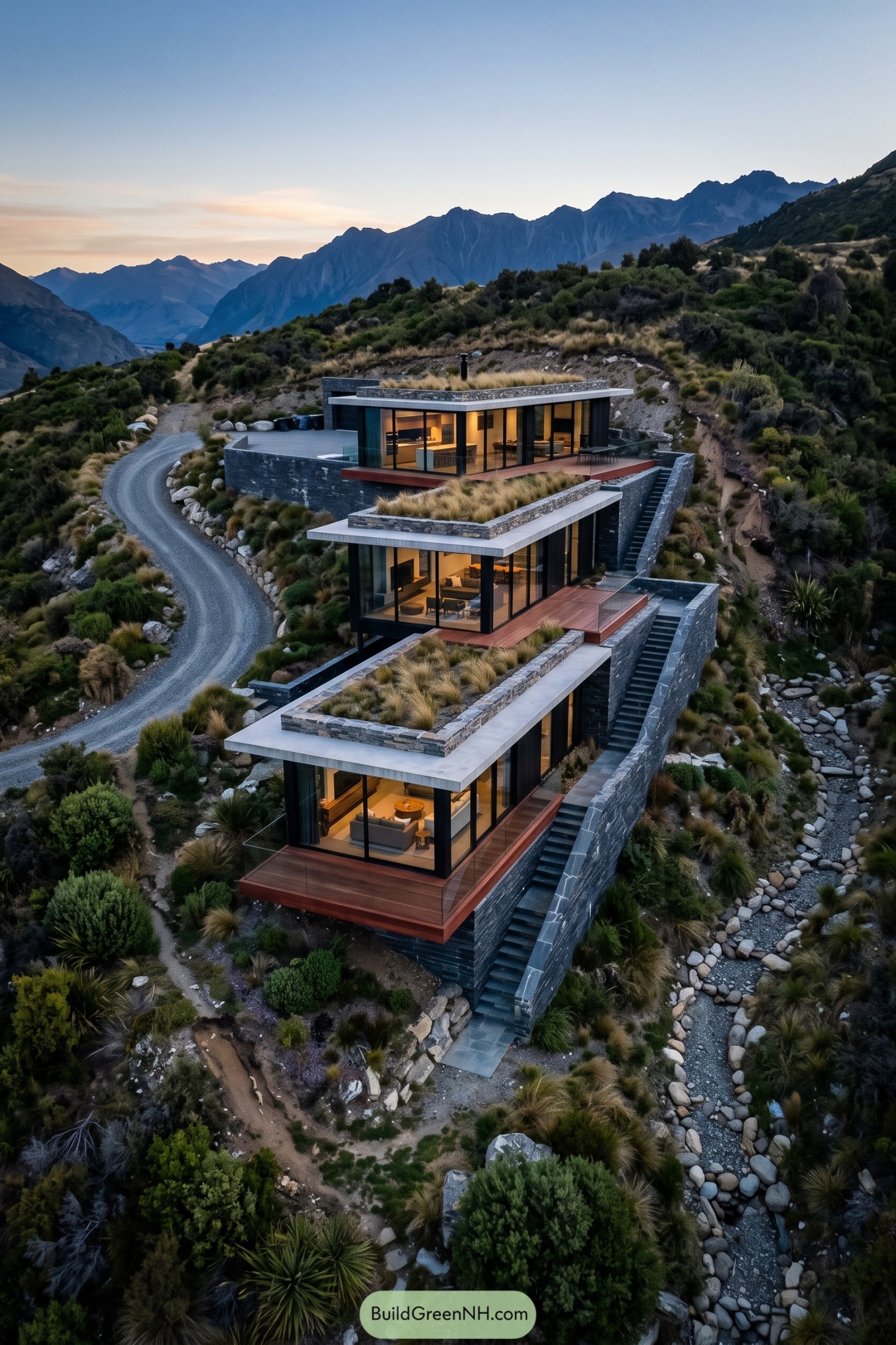 Three-level glass house with planted roofs on a mountain slope