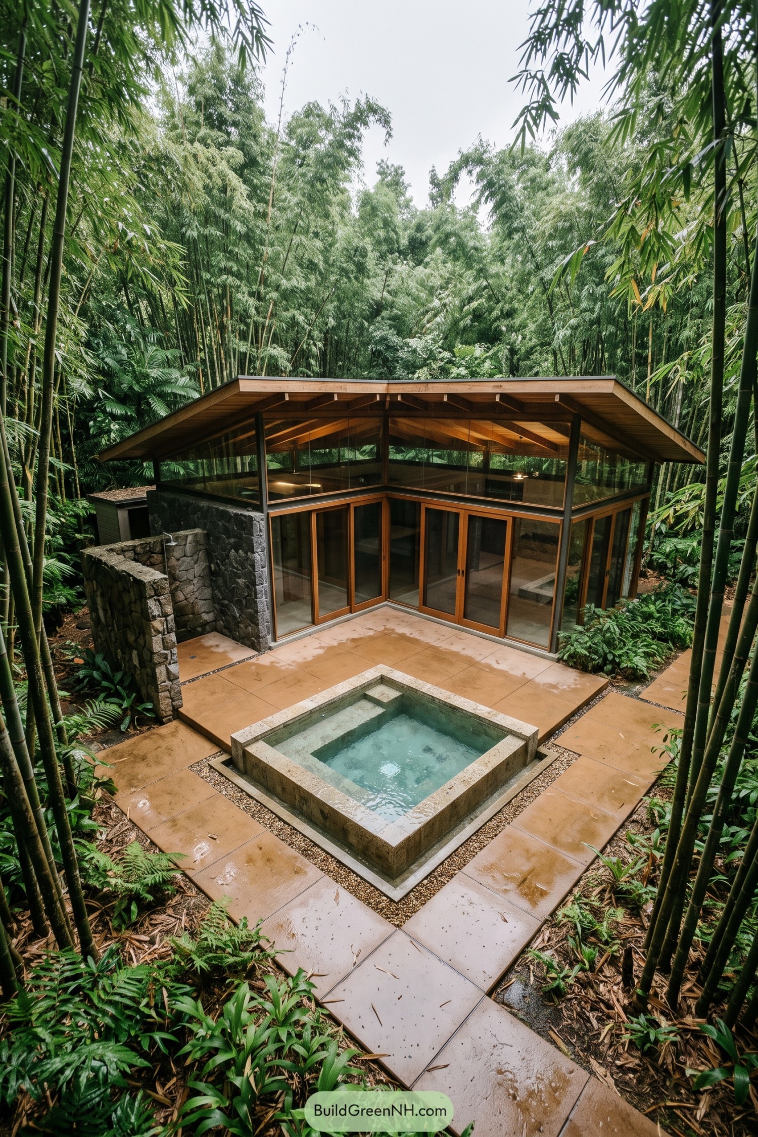 Glass-walled retreat beneath bamboo with a square soaking pool