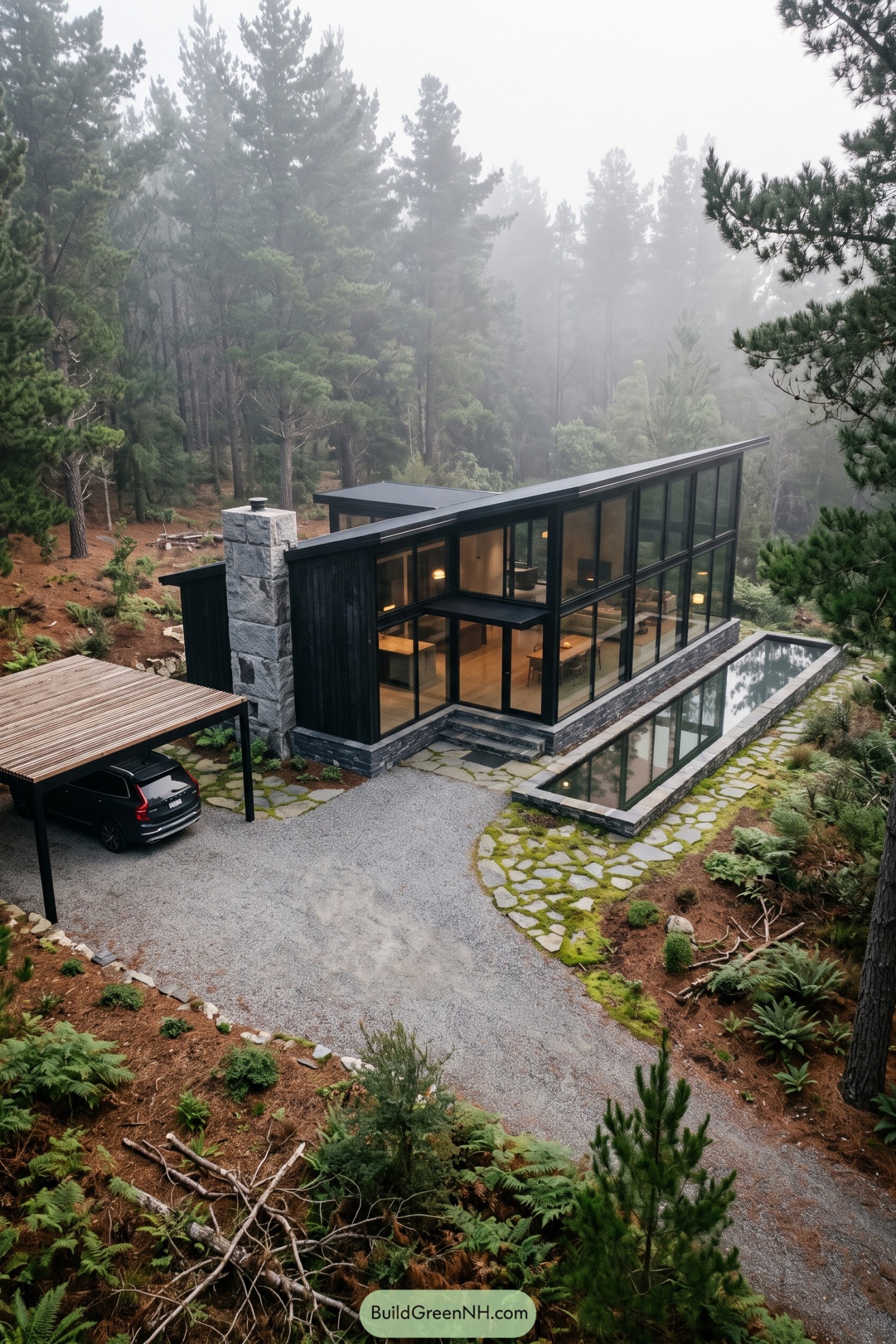 Modern black-framed glass house beside a reflecting pool in misty woods